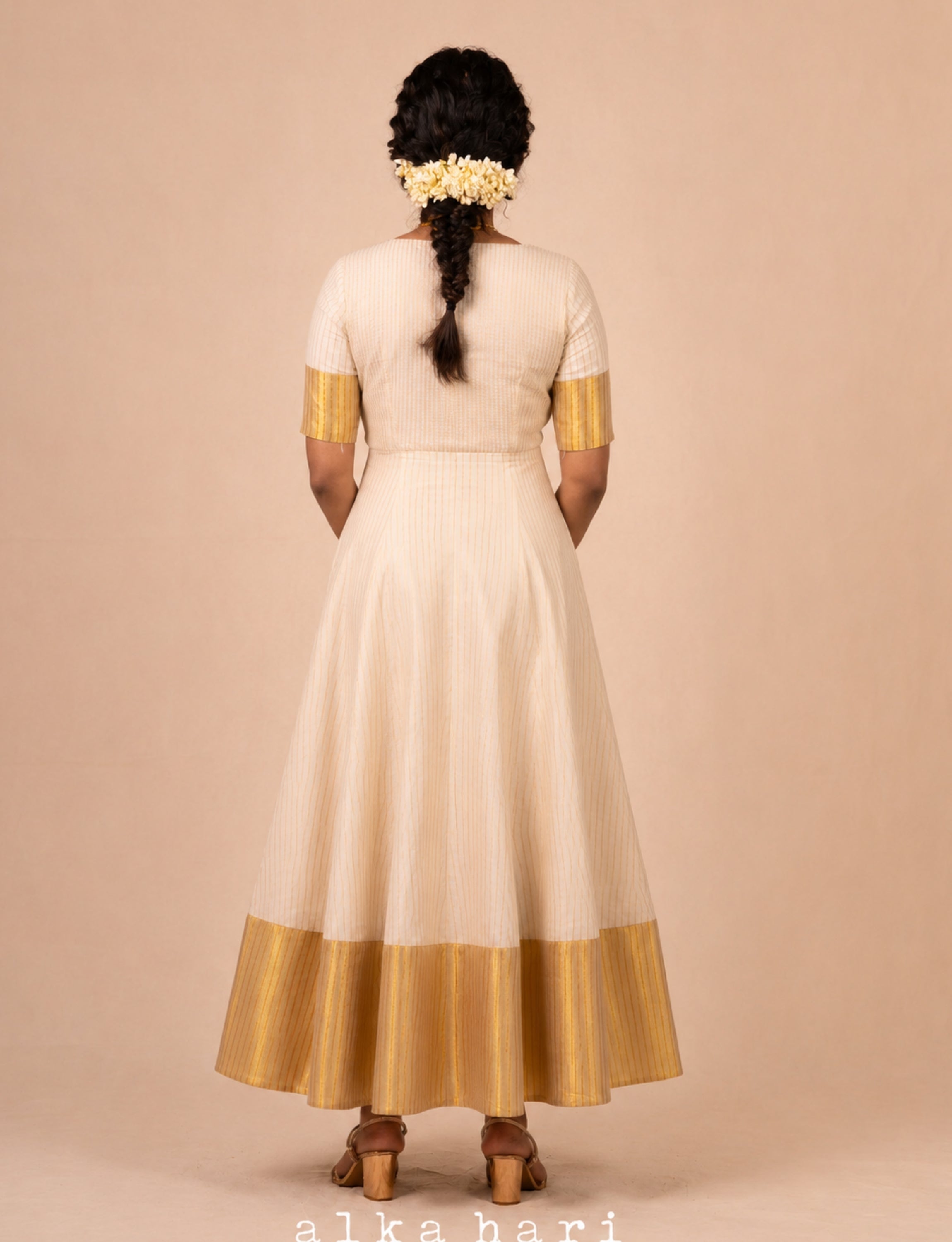 Off White Cotton Stripped Anarkali