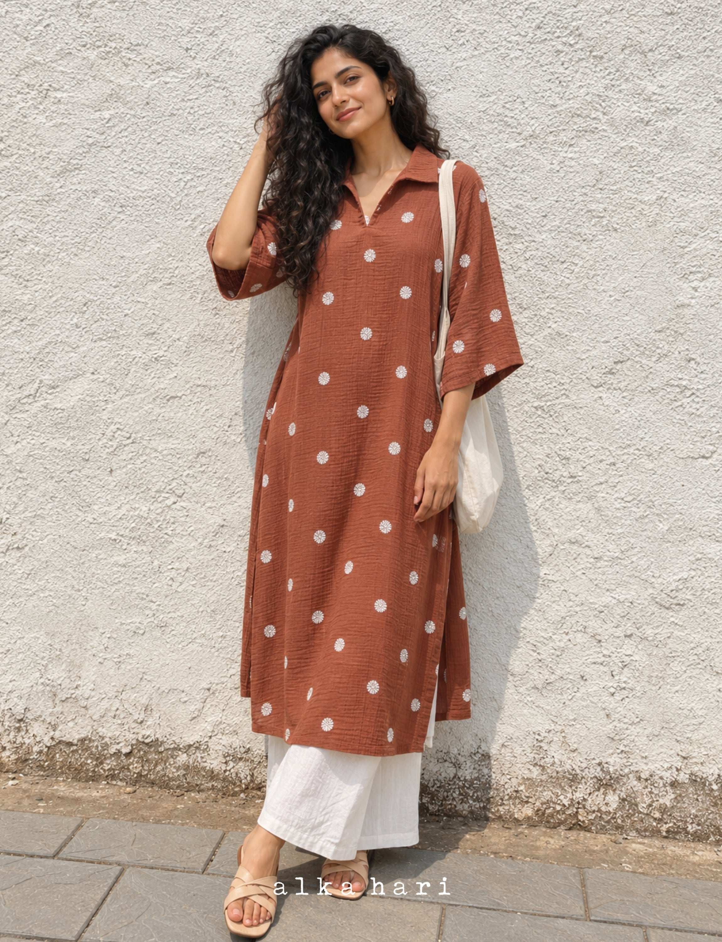Rust Brown Polka Dot Collared Kurta
