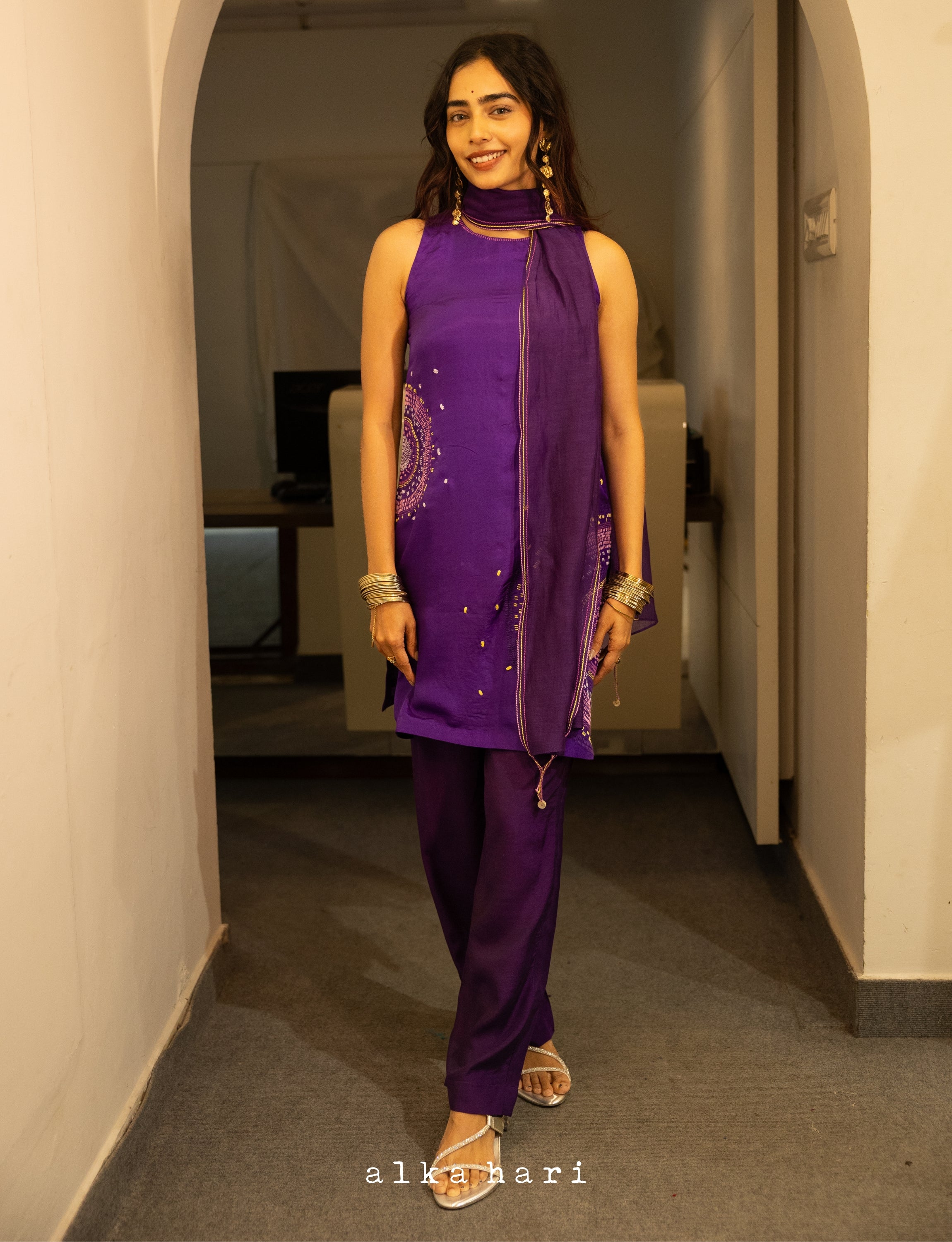 Violet Silk Embroidered Short Kurta