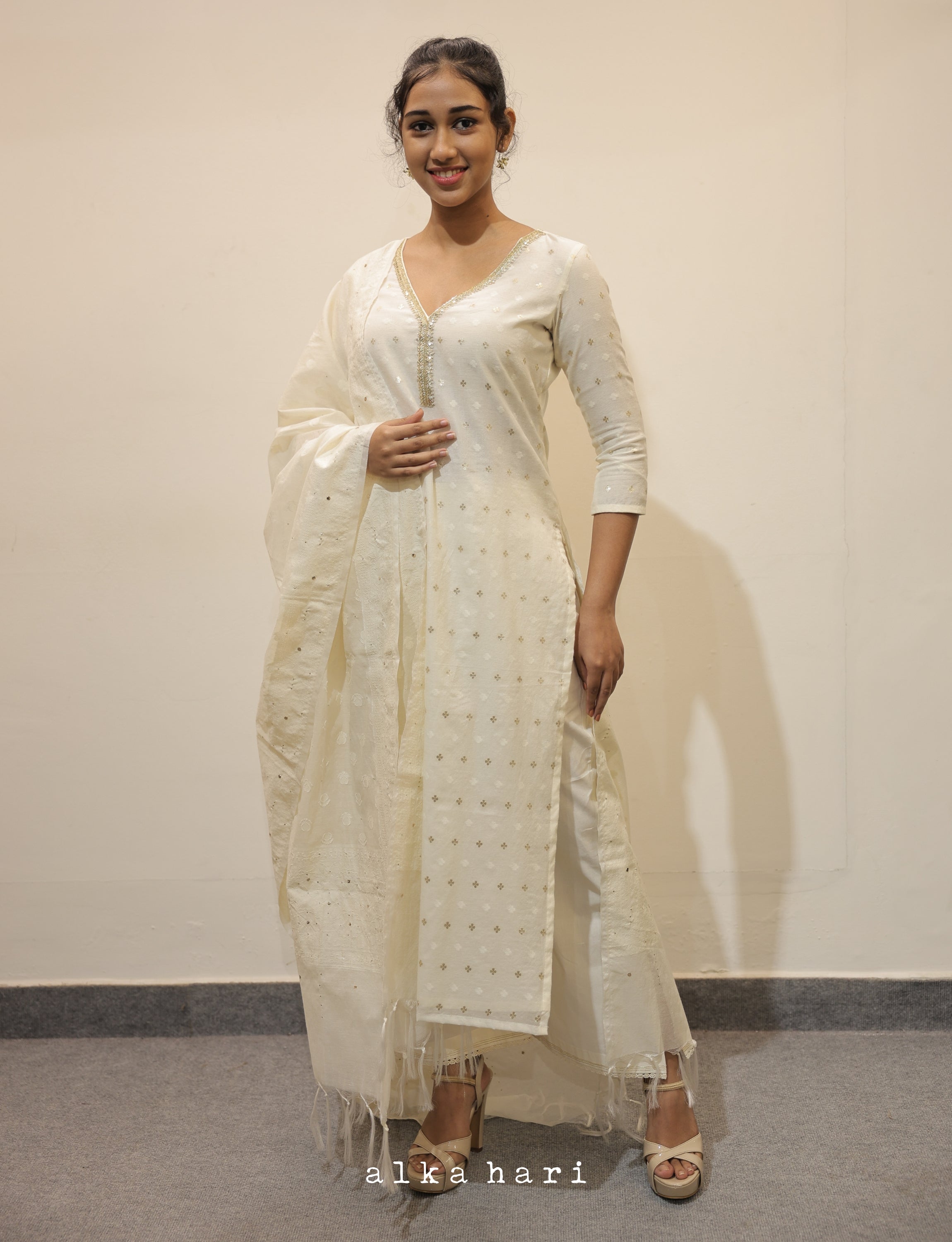 Off White Chanderi Silk Kurta with Golden Butta