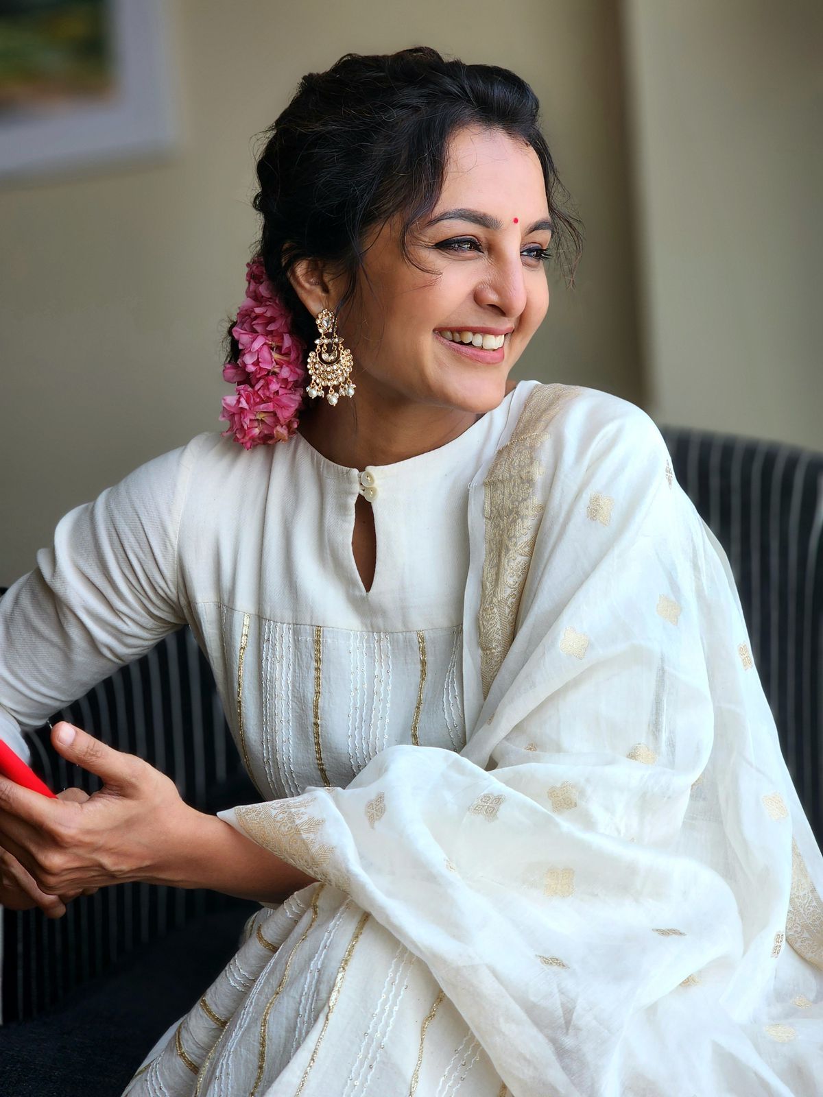 Off White Key Hole Embroidered Anarkali