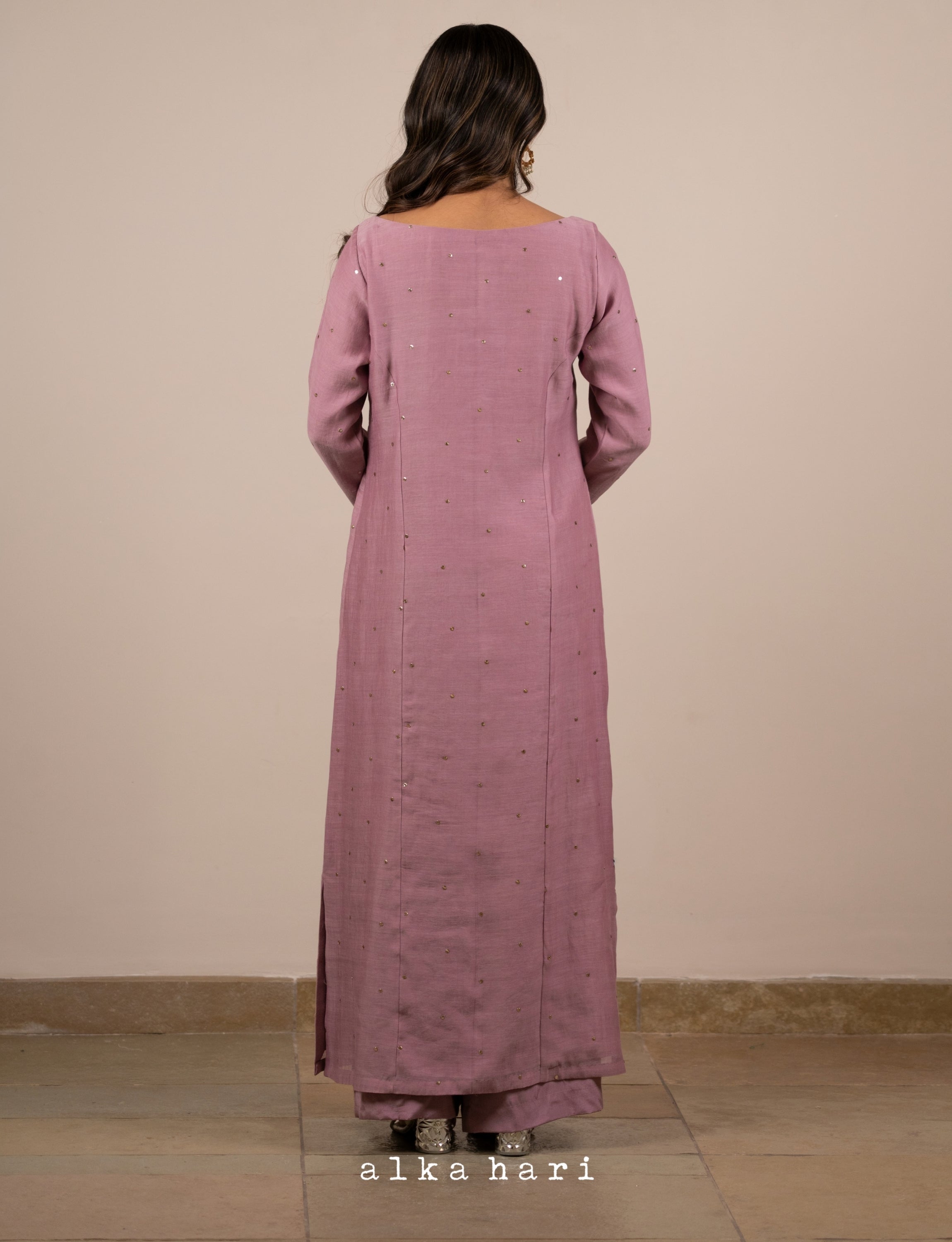 Dusty Pink Boat Neck Mukaish Embroidered Kurta