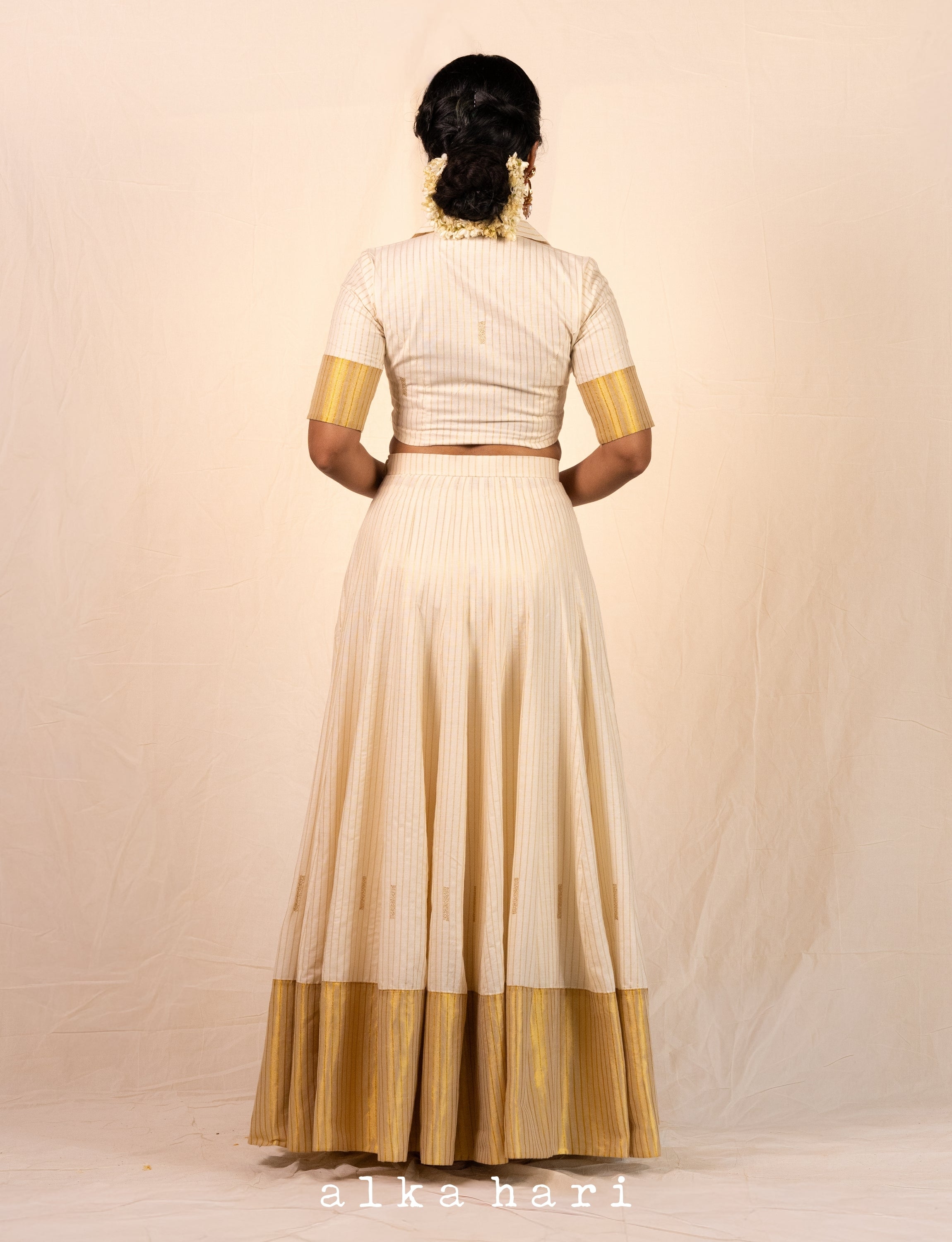 Off White Stripped Collared Blouse and Skirt