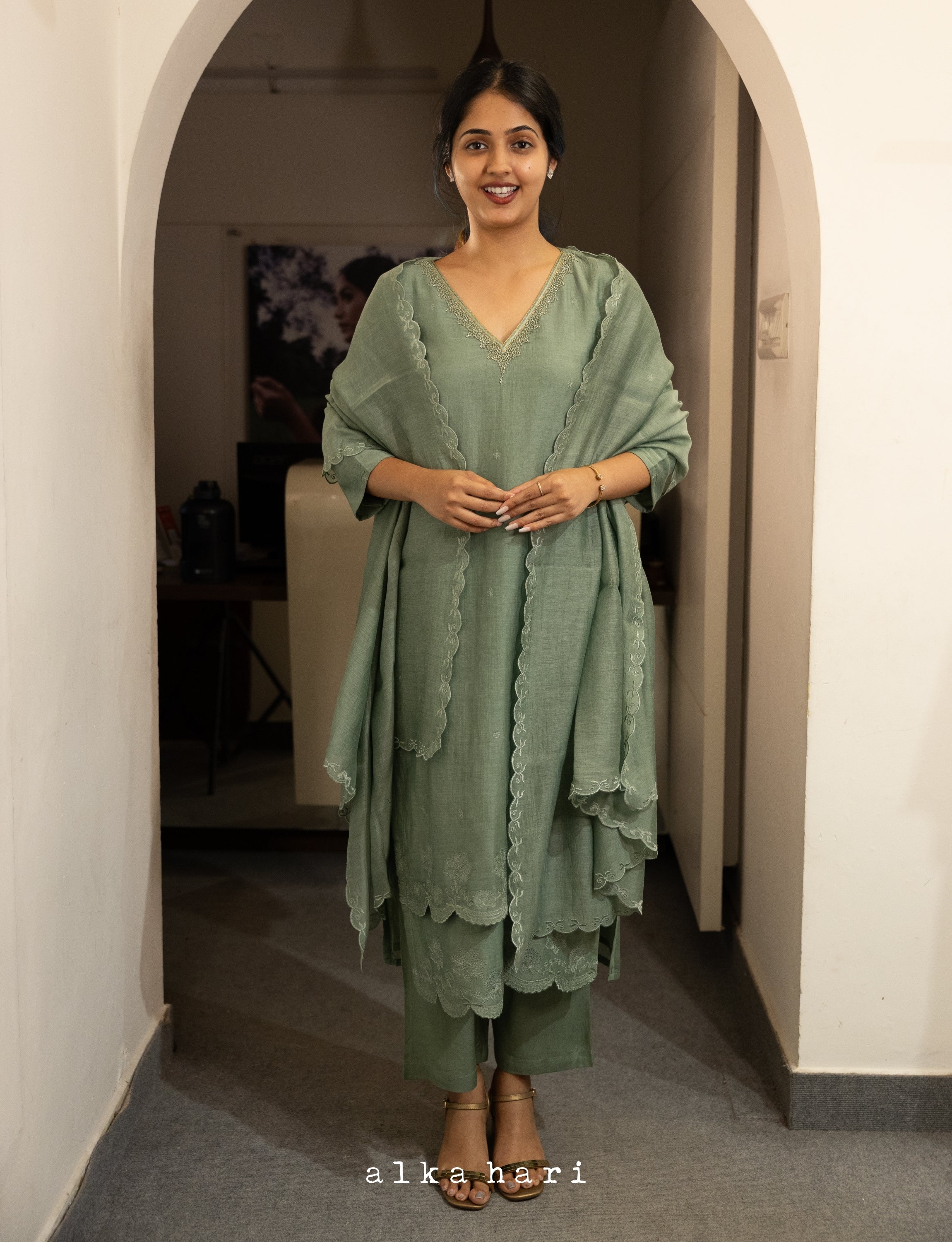 Sage Green Chanderi Silk Embroidered Kurta