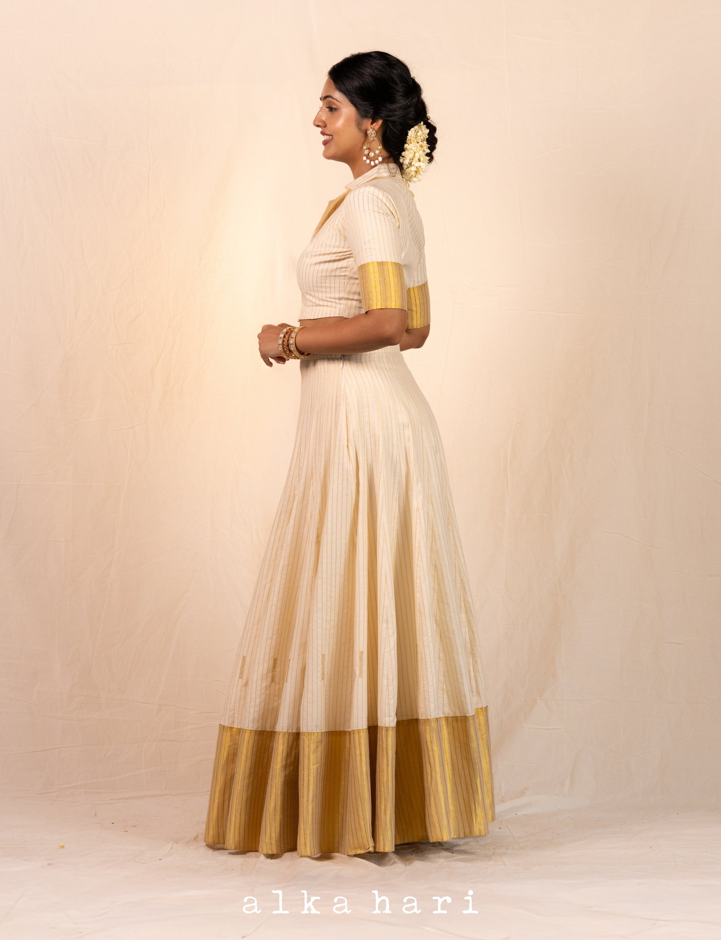 Off White Stripped Collared Blouse and Skirt