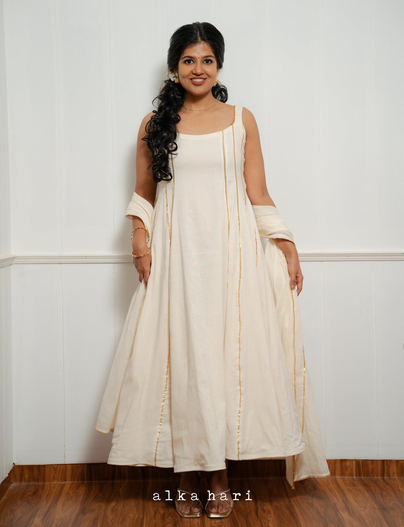 Urna Dress - Off White Kasavu Dress with Gold Details for Women | Alka Hari Alka Hari Pvt Ltd Urna Dress - Off White Kasavu Dress with Gold Details for Women | Alka Hari Alka Hari Pvt Ltd