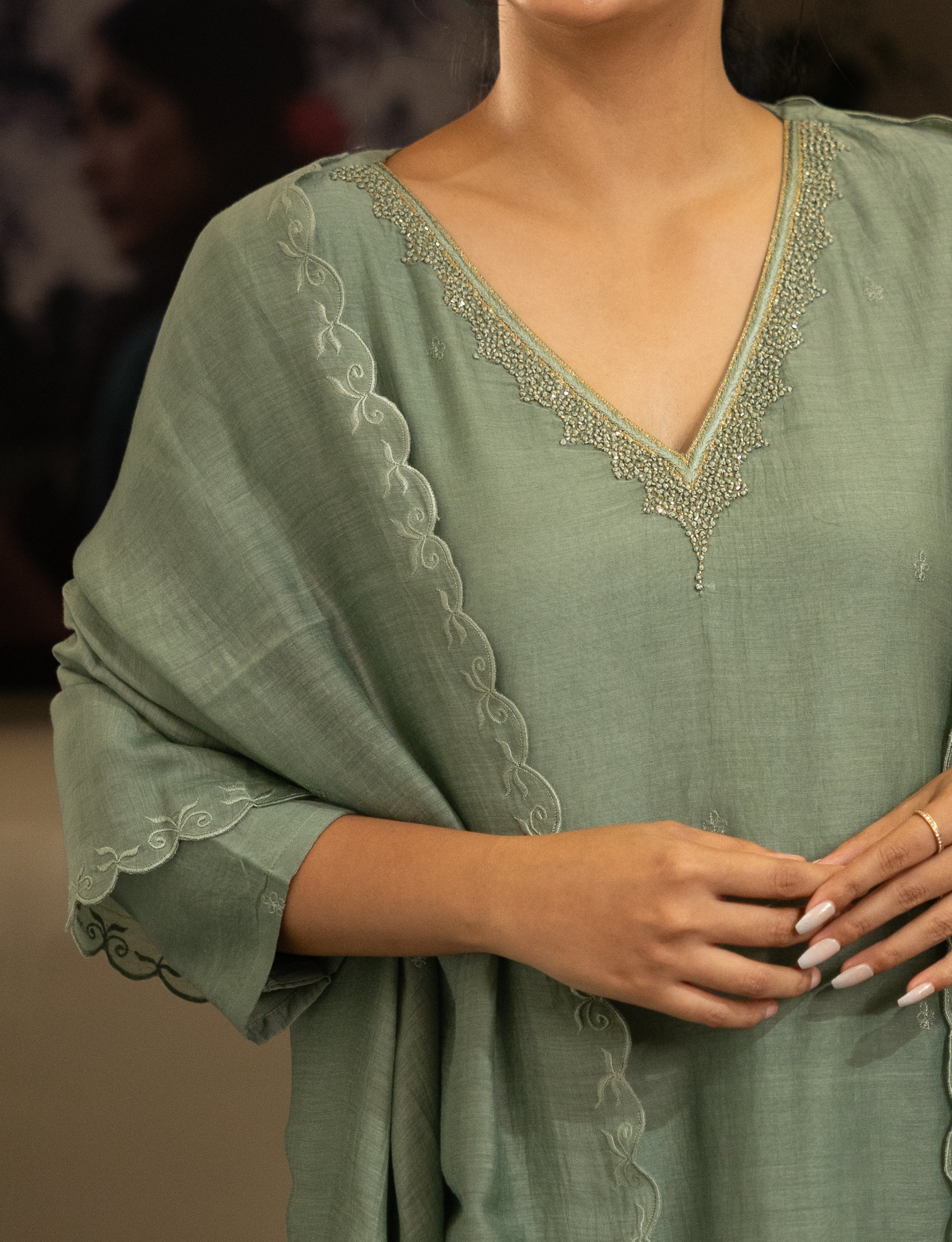 Sage Green Chanderi Silk Embroidered Kurta