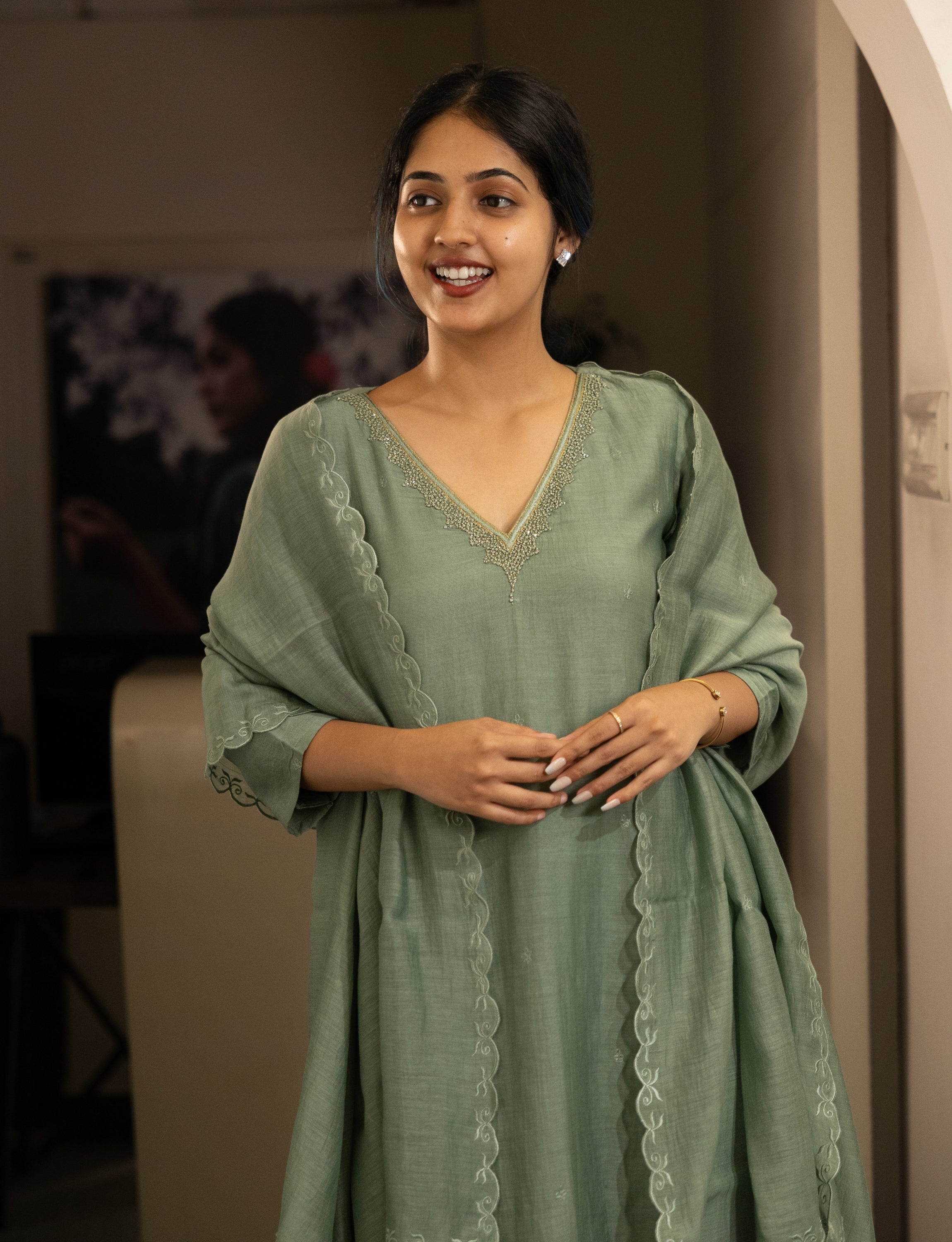 Sage Green Chanderi Silk Embroidered Kurta