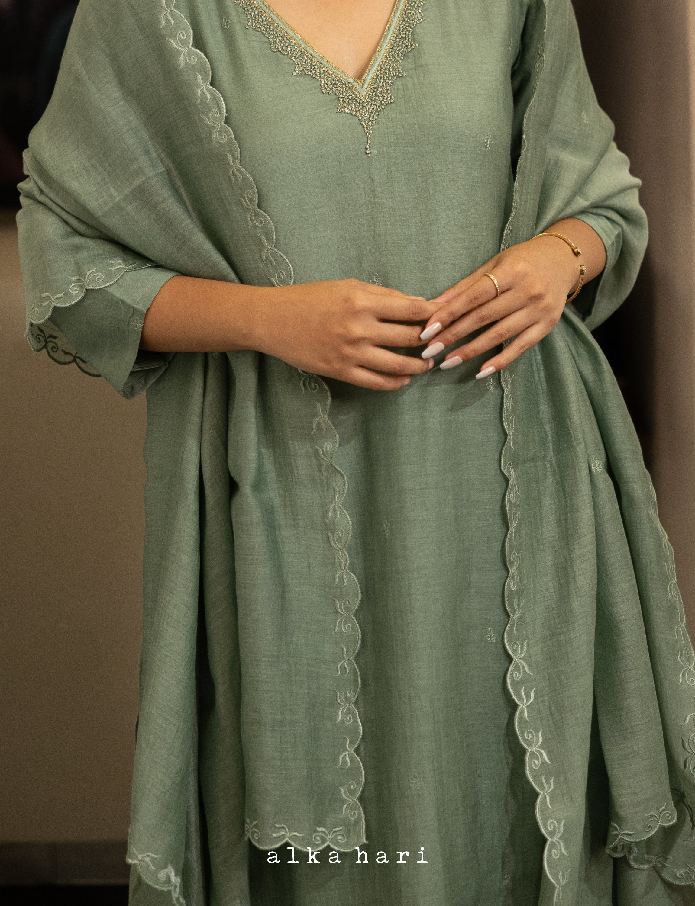 Pastel Green Embroidered Scalloped Dupatta