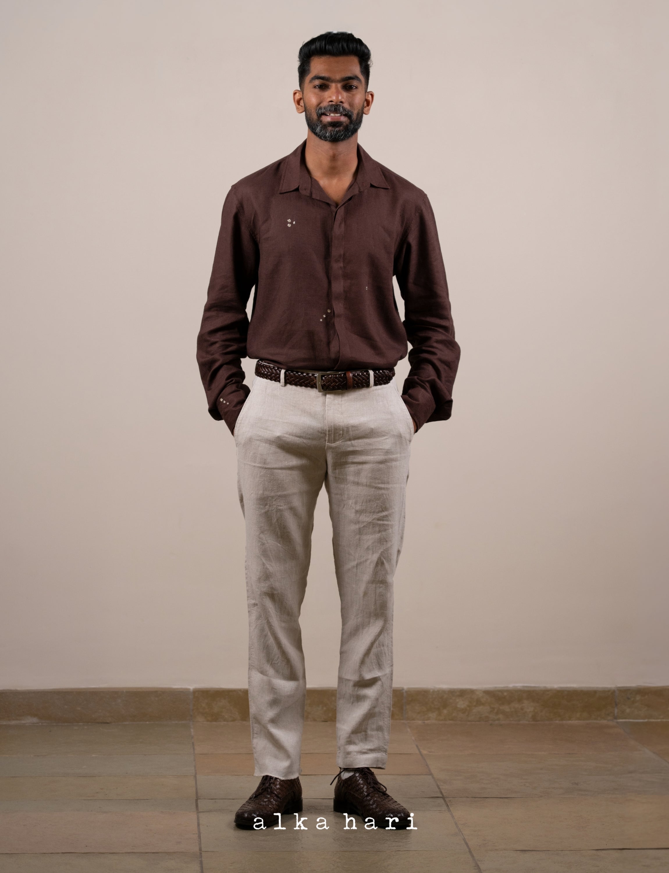 Brown Linen Shirt with Mukaish Work