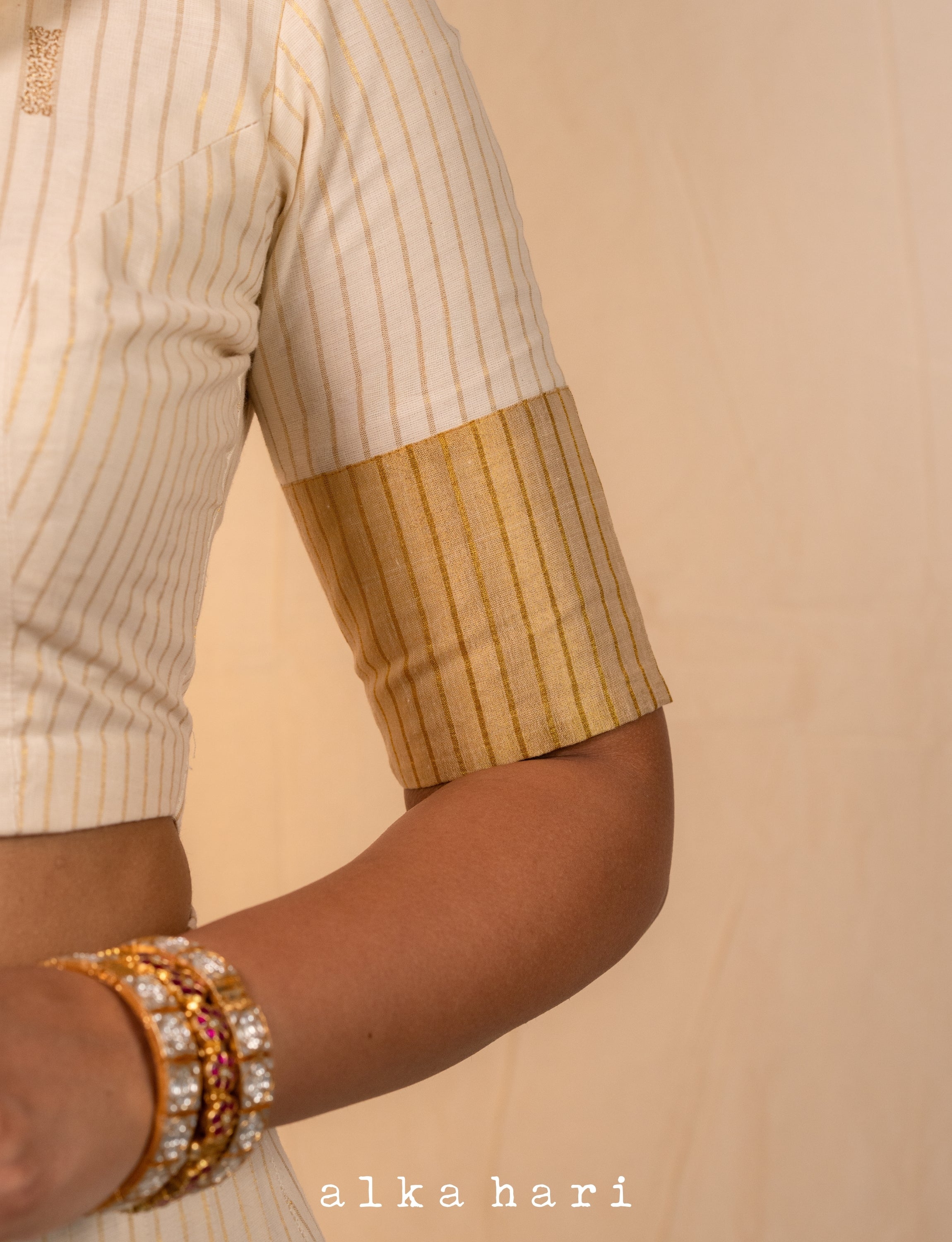 Off White Collared Blouse with Golden Stripes