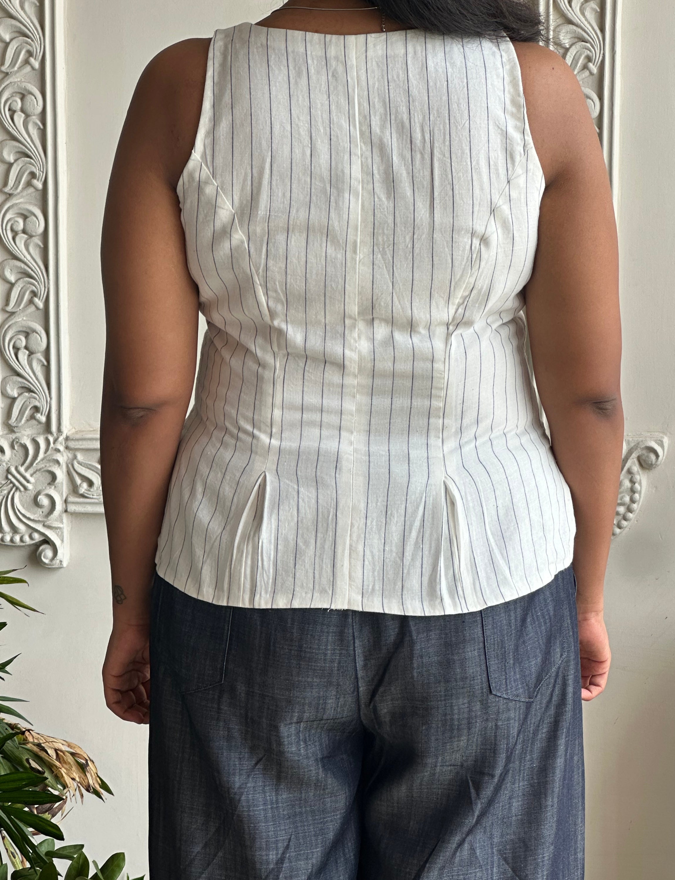 White Stripped Top with Floral Embroidery