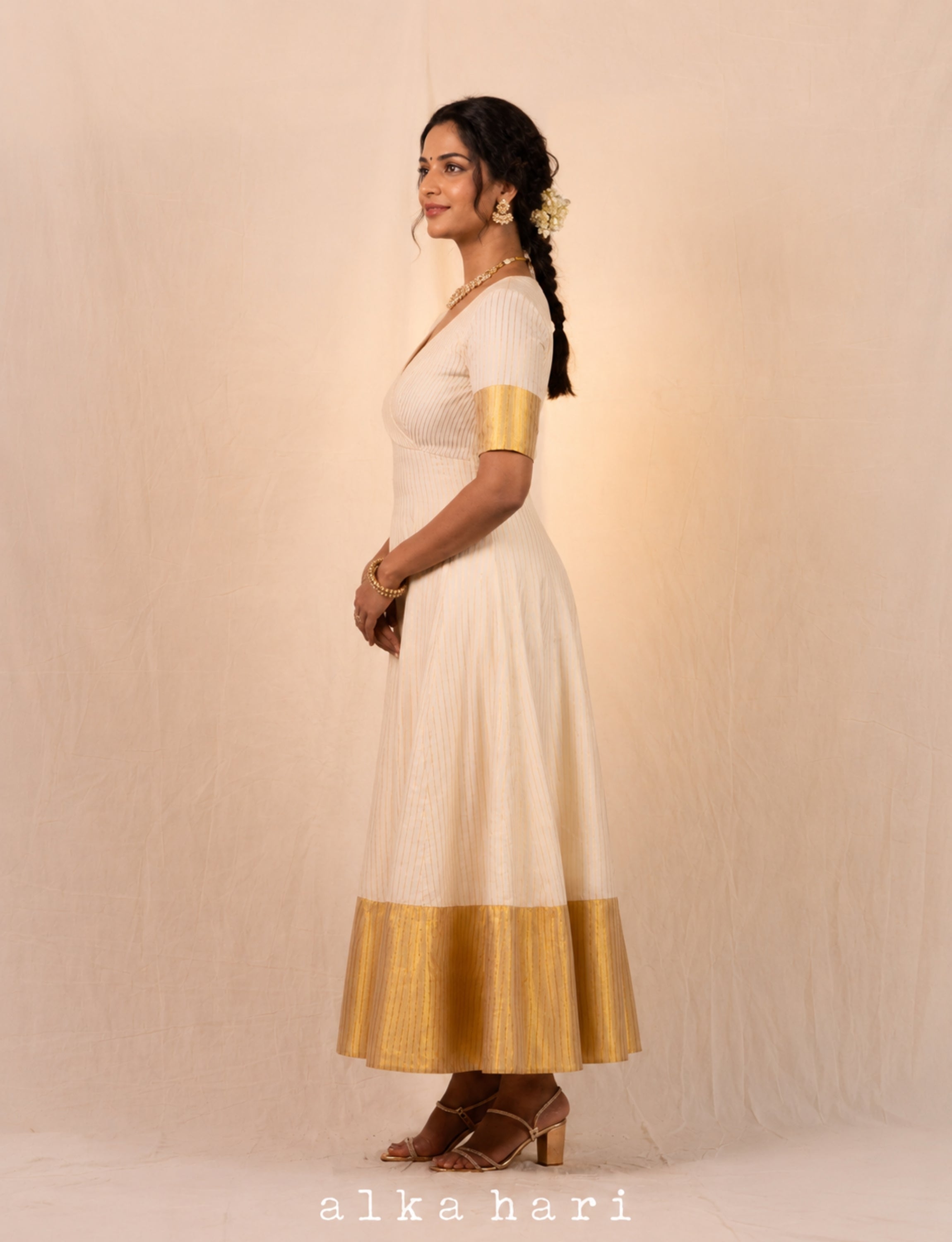 Off White Cotton Stripped Anarkali