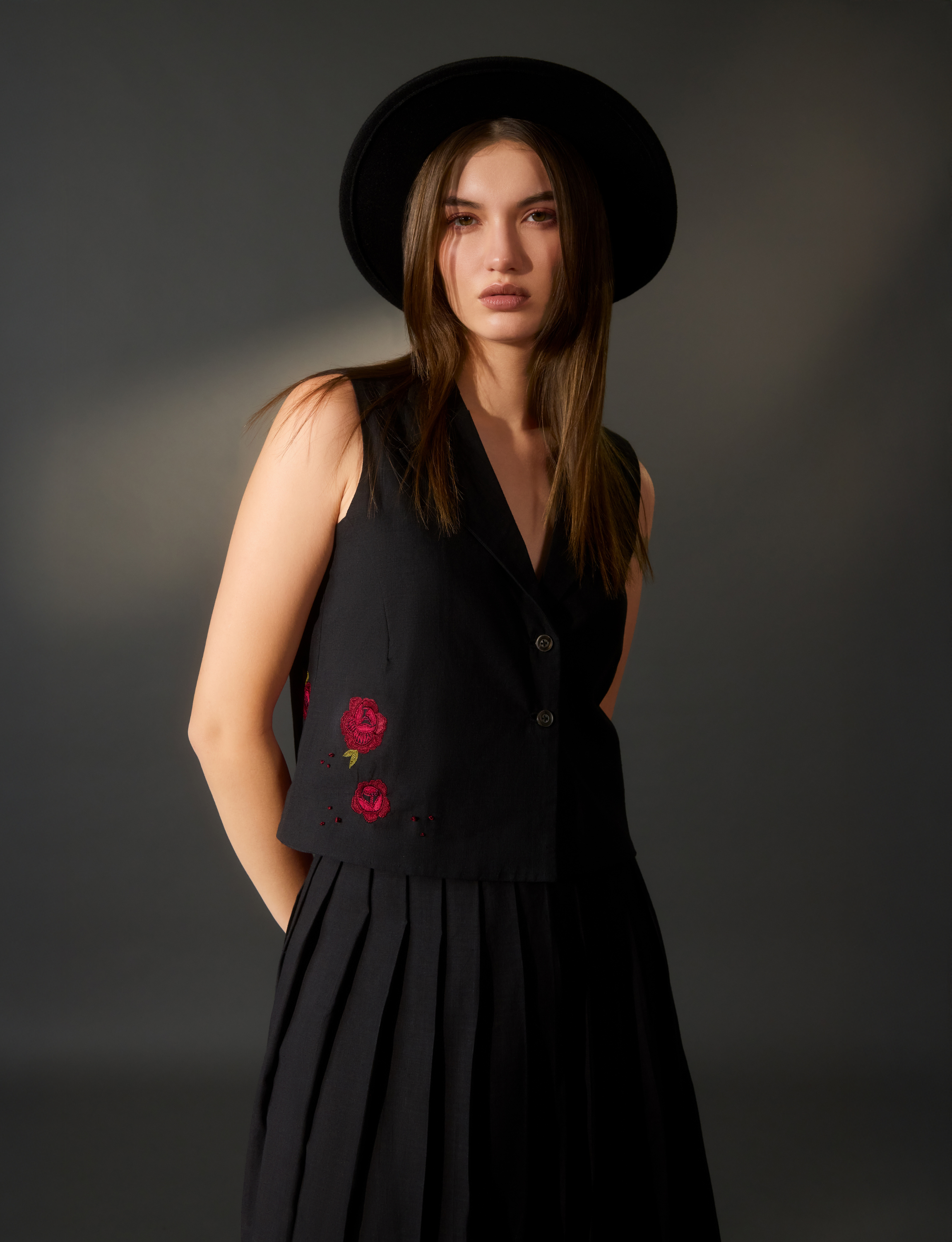 Black Embroidered Vest and Skirt Co-Ord Set