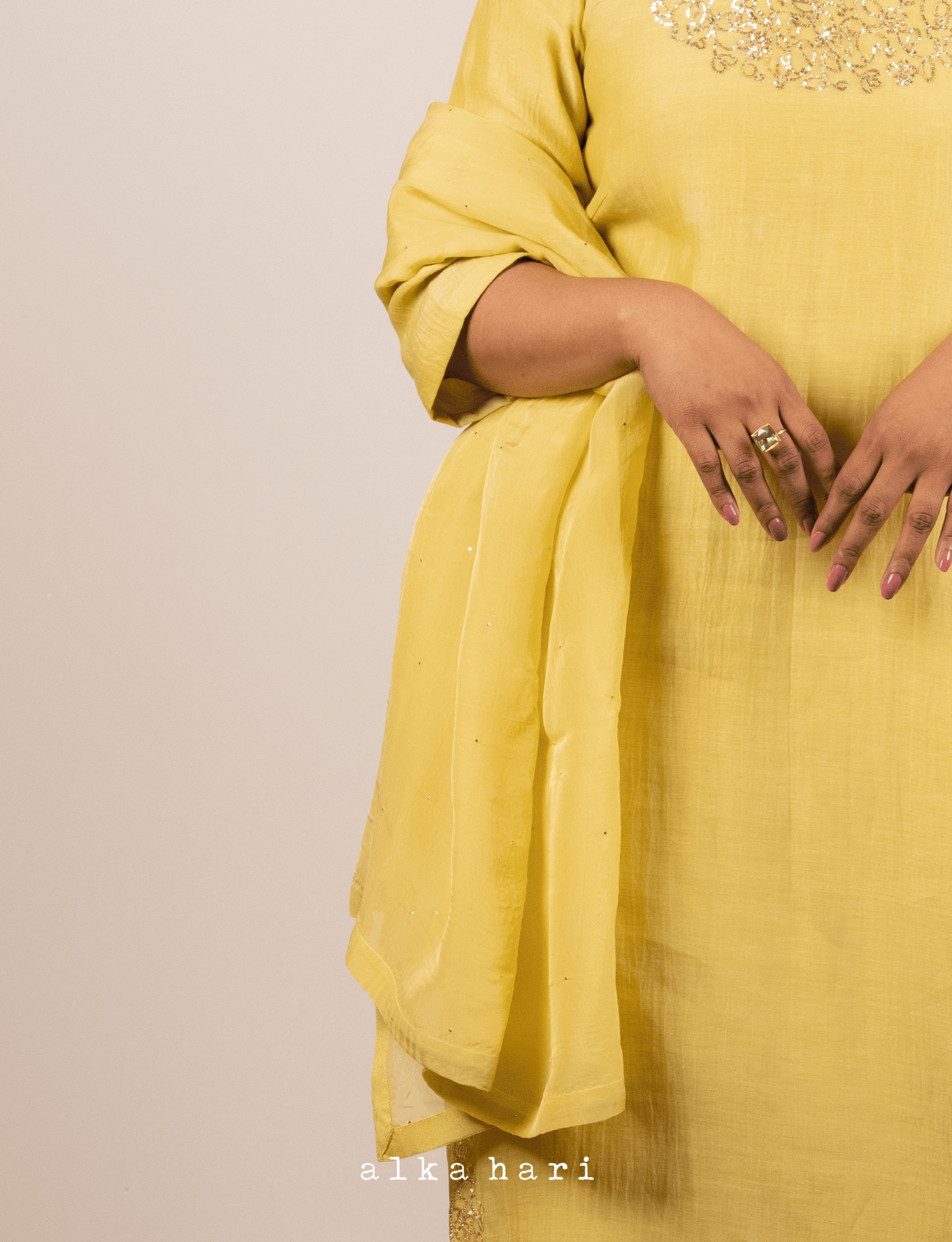 Yellow Organza Dupatta with Mukaish Work