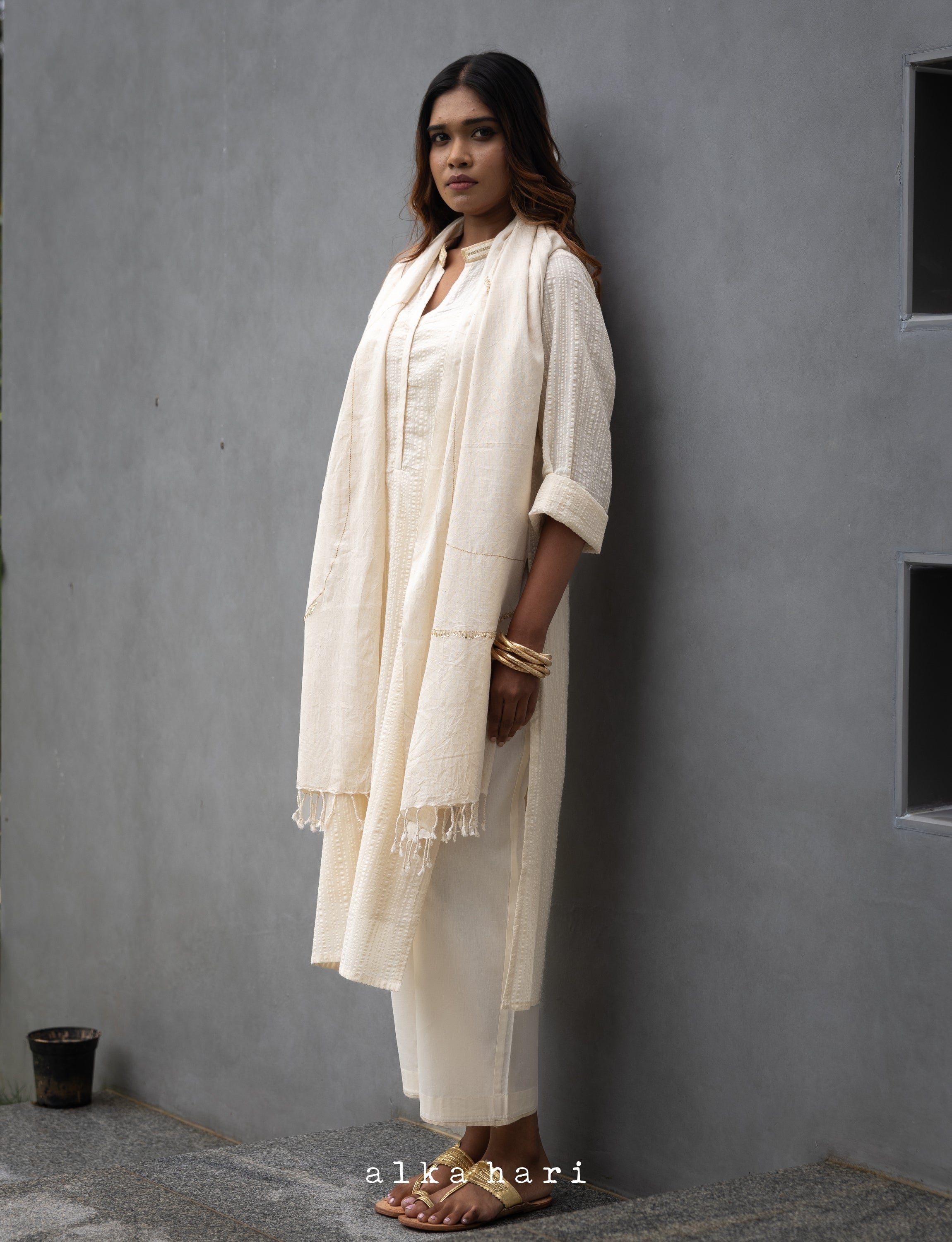 Off White Collared Seersucker Kurta