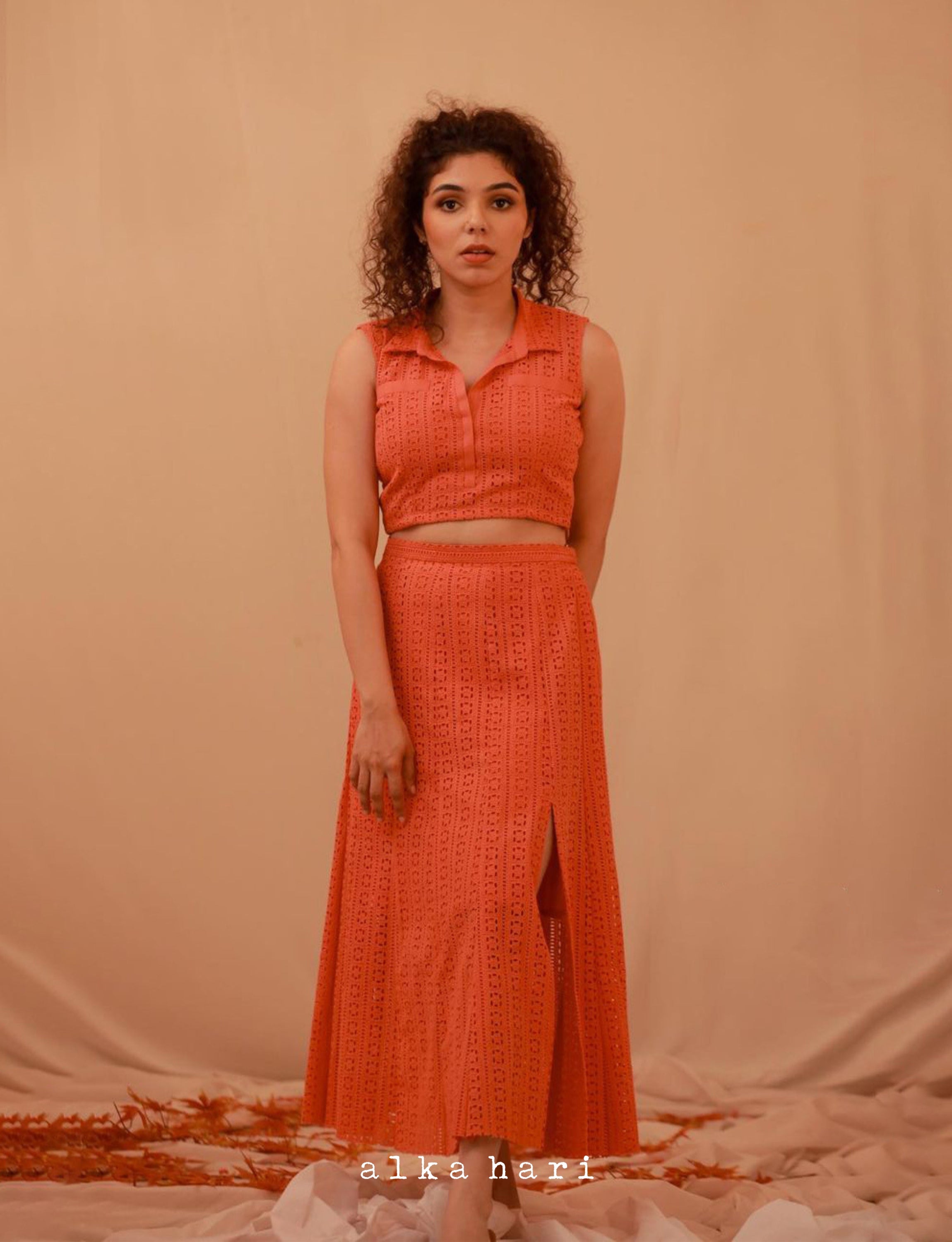 Carrot colour hakoba crop top and skirt