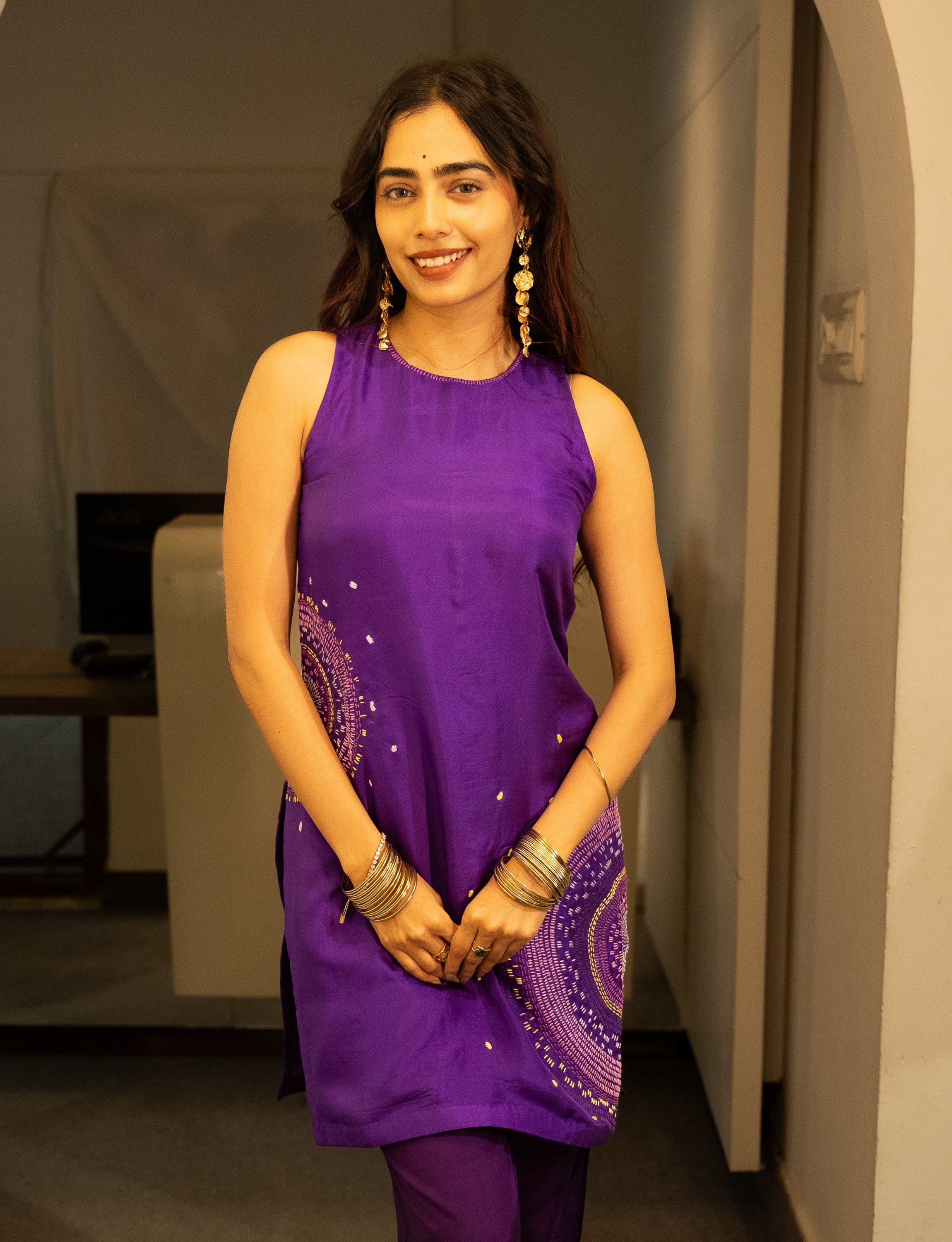 Violet Silk Embroidered Short Kurta