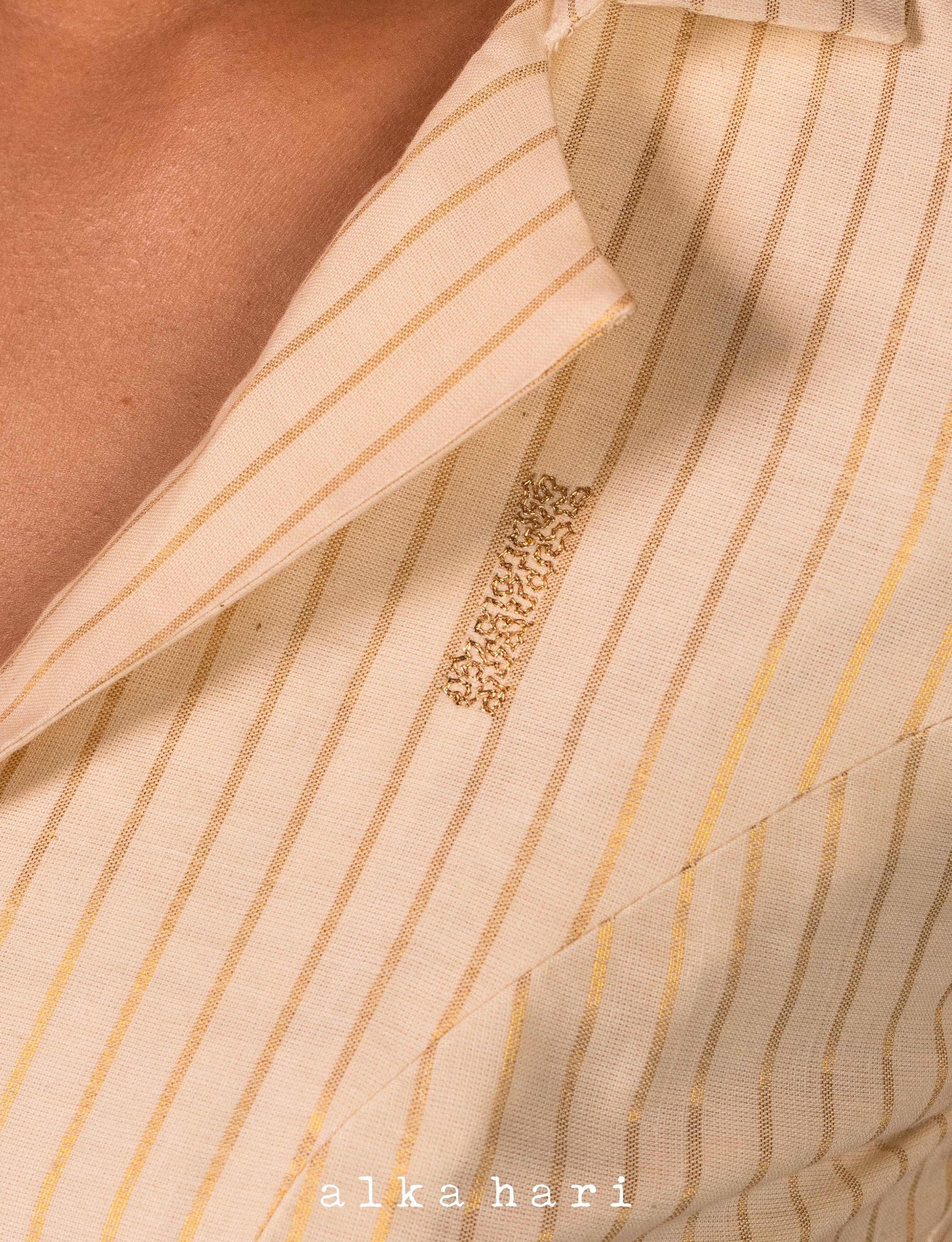 Off White Collared Blouse with Golden Stripes