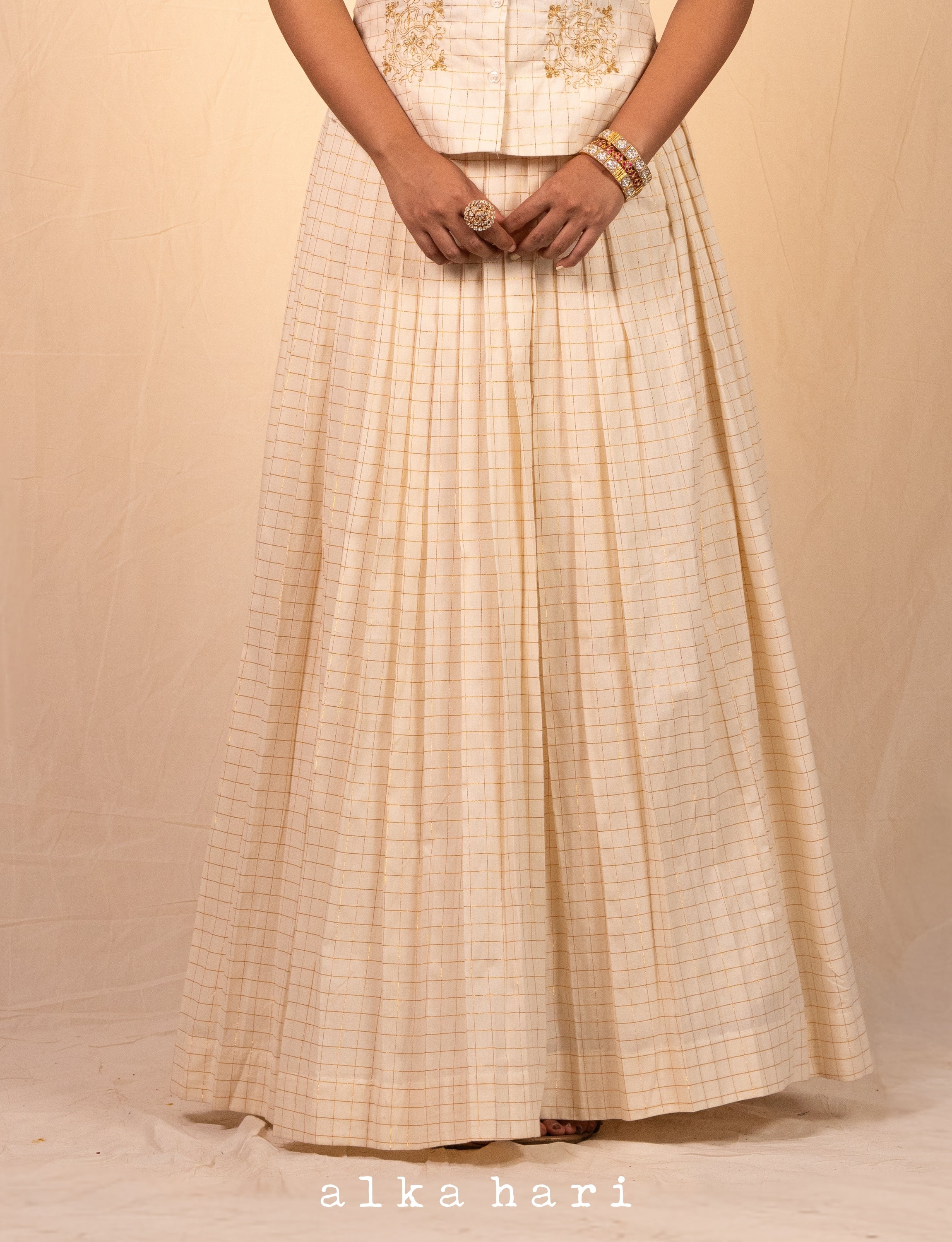 Off White Golden Checkered Pleated Skirt