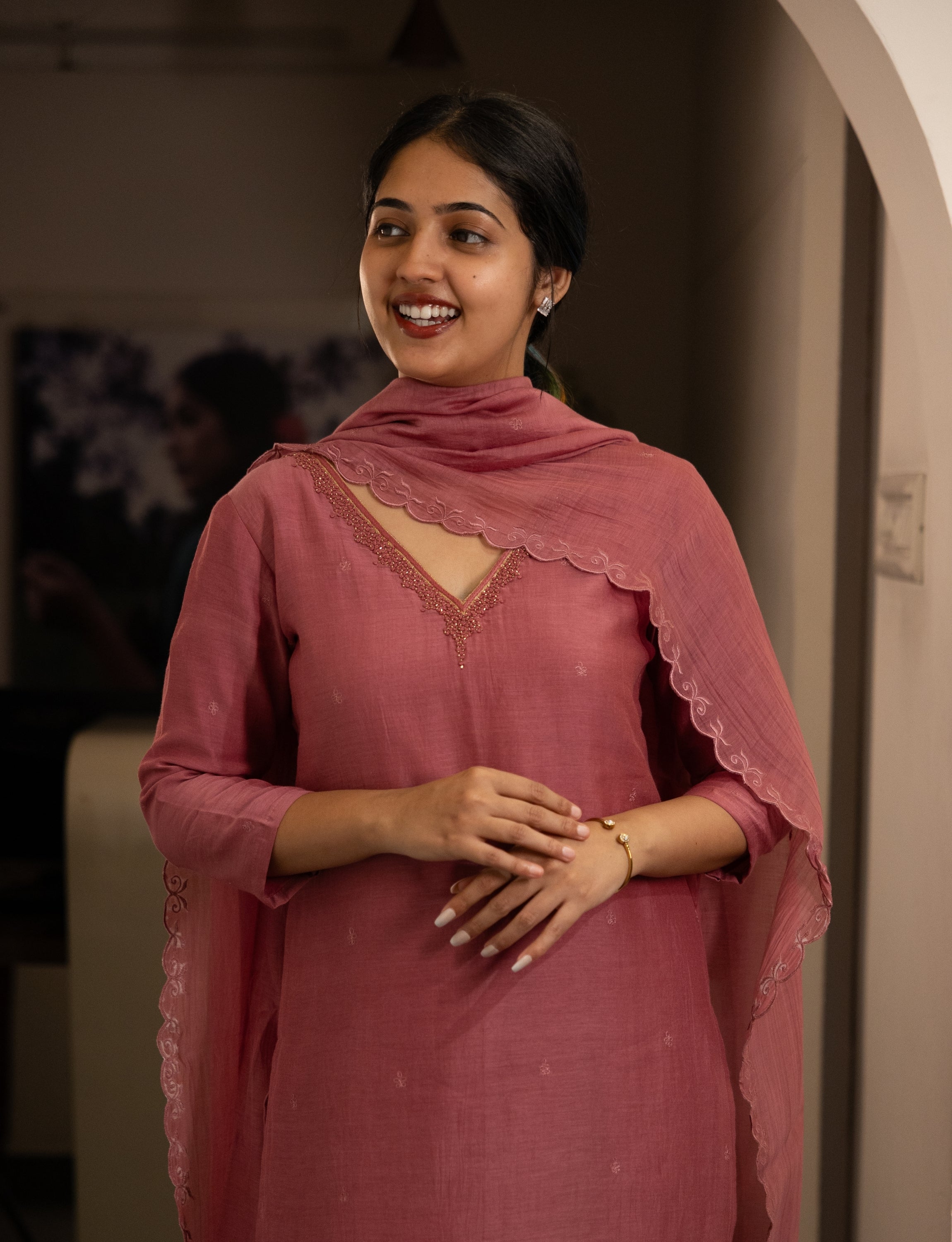 Dusty Pink Chanderi Silk Embroidered Kurta