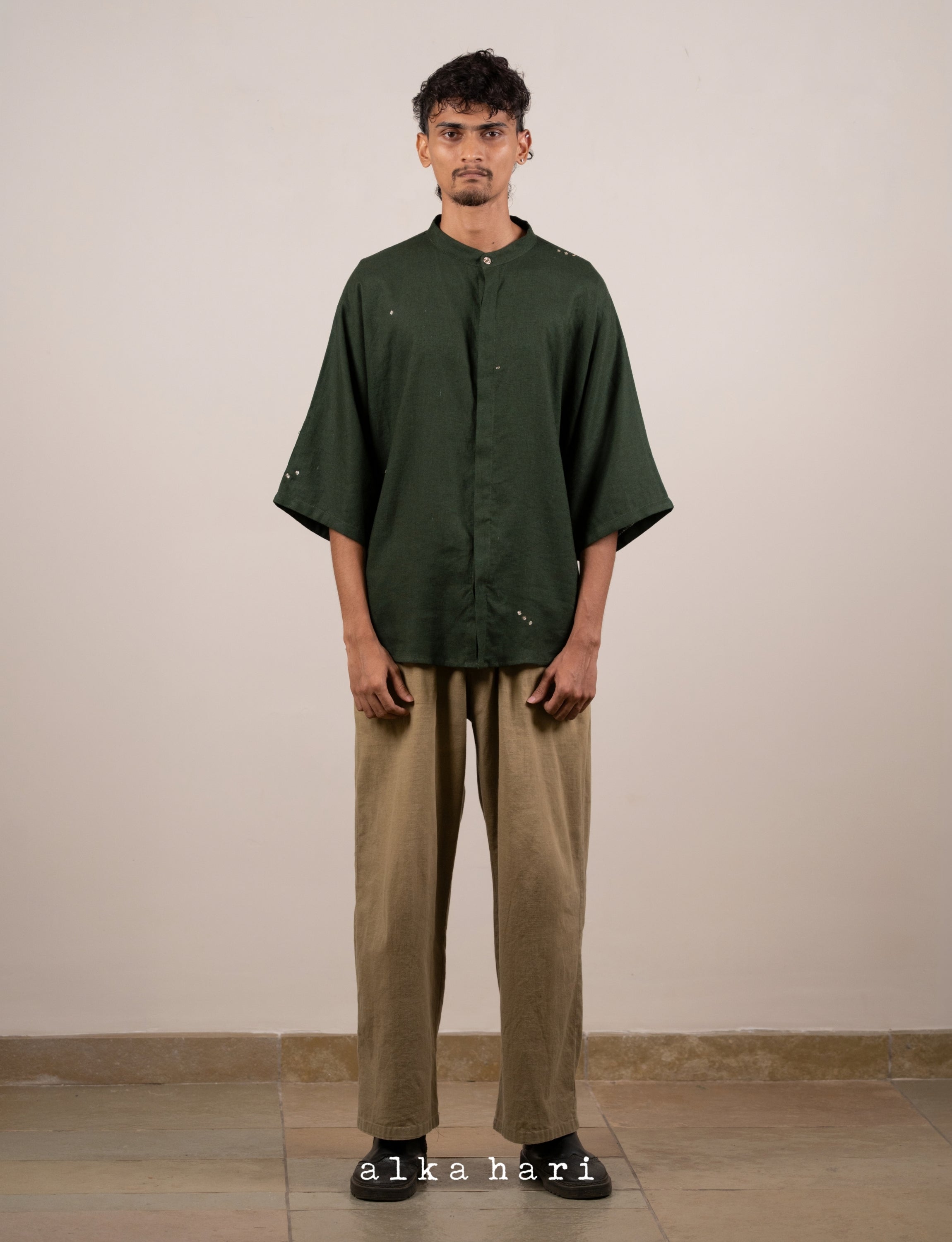 Dark Green Linen Shirt with Mukaish Work