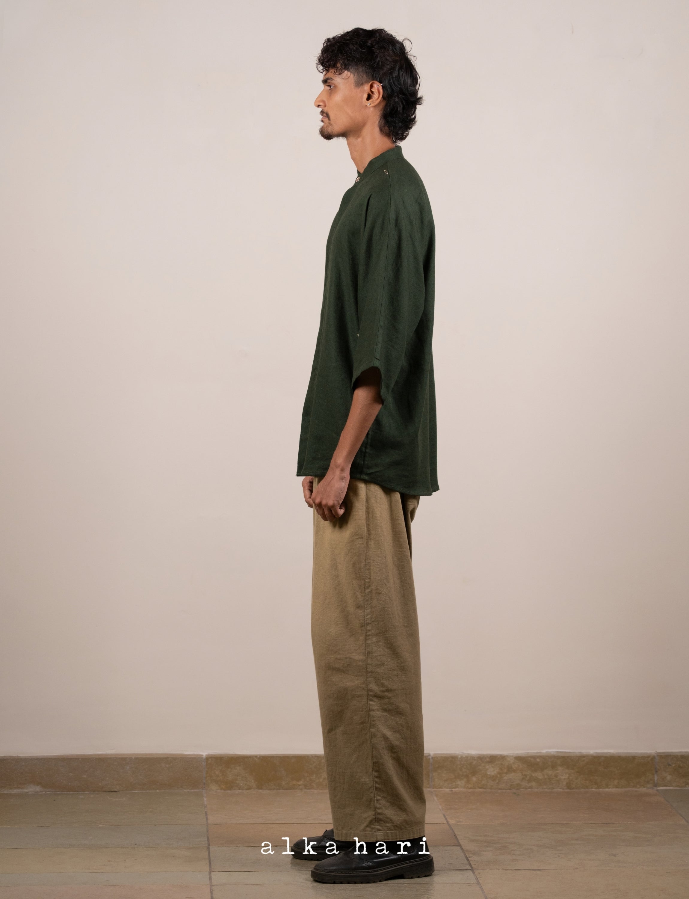 Dark Green Linen Shirt with Mukaish Work