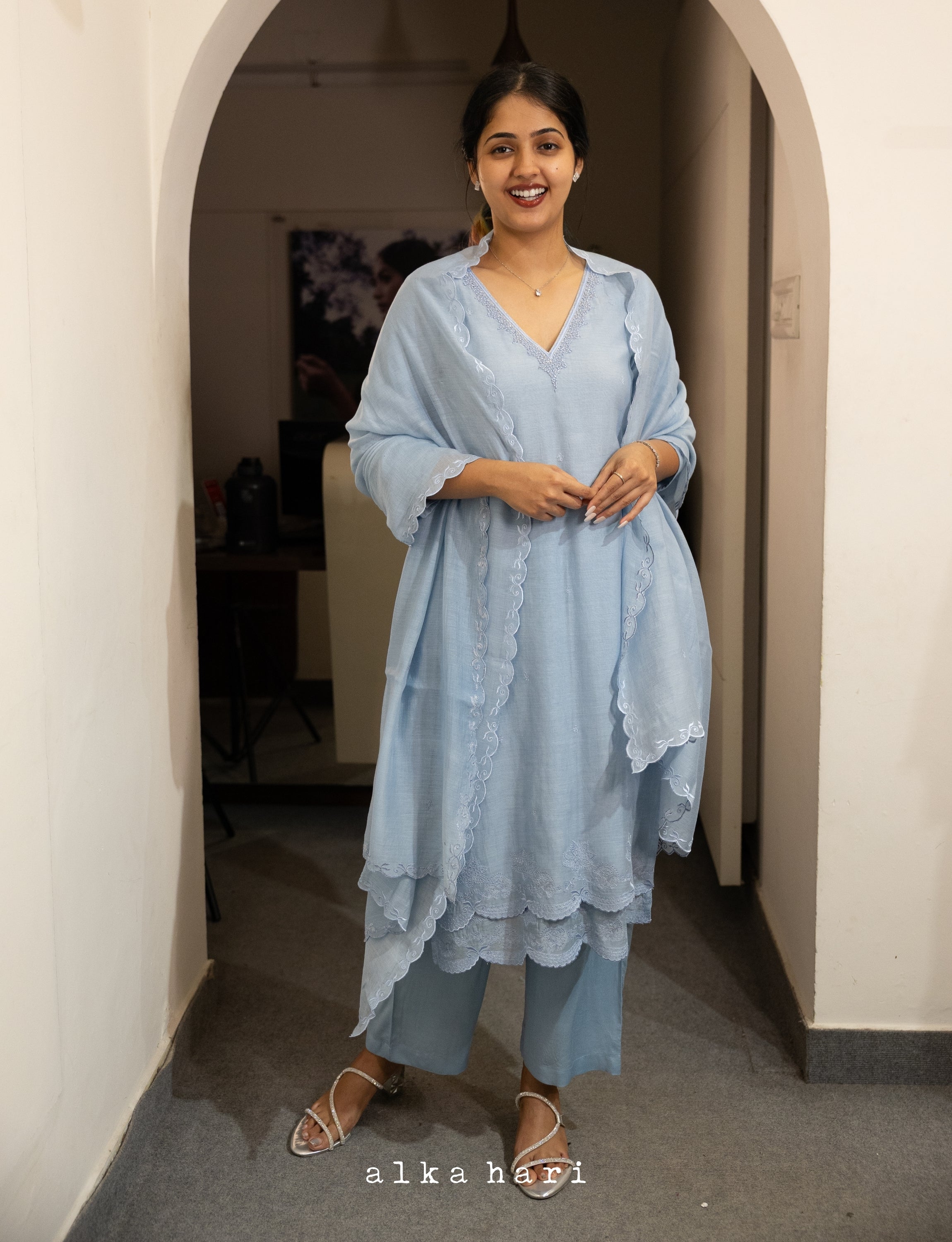 Powder Blue Chanderi Silk Embroidered Kurta