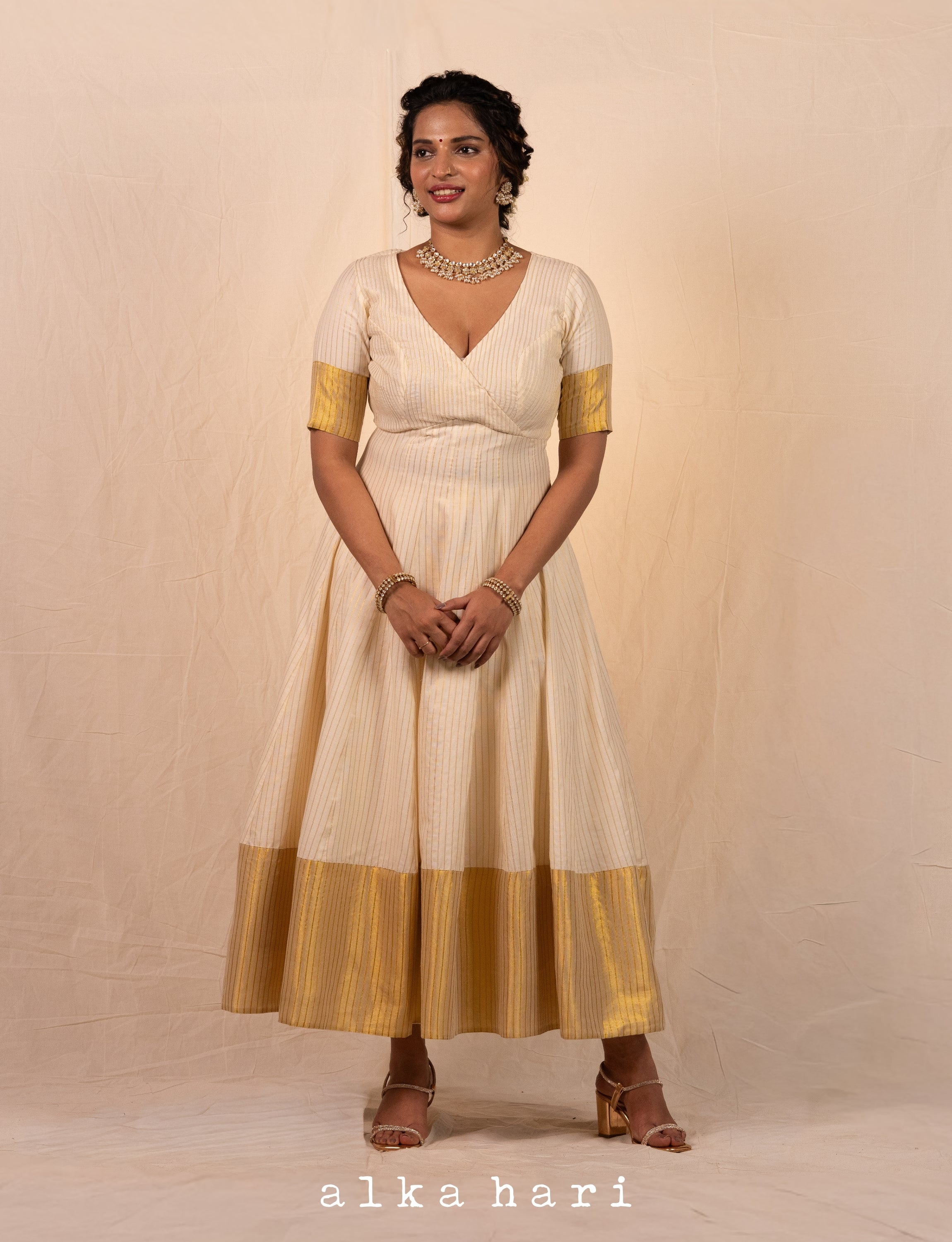 Off White Cotton Stripped Anarkali
