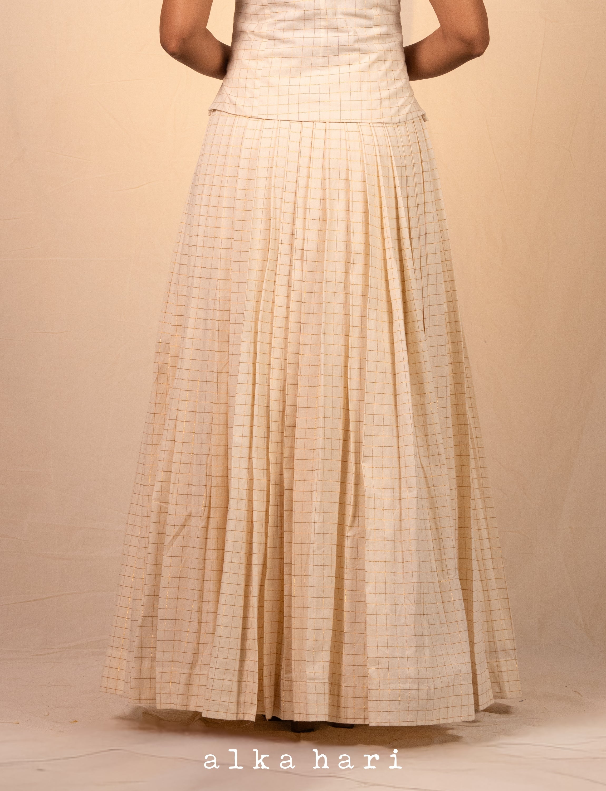 Off White Golden Checkered Pleated Skirt