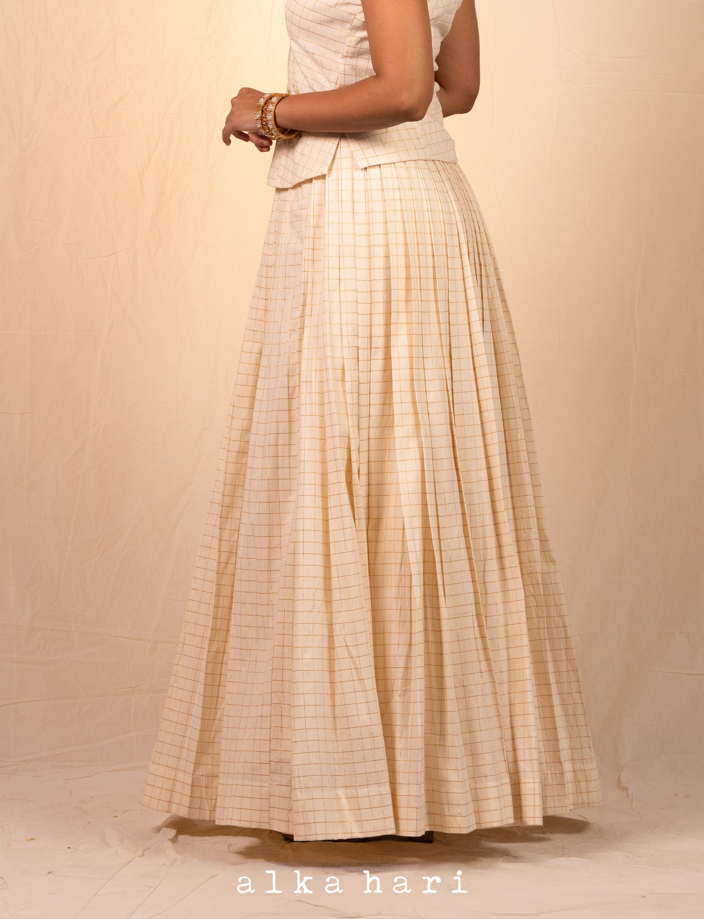 Off White Golden Checkered Pleated Skirt