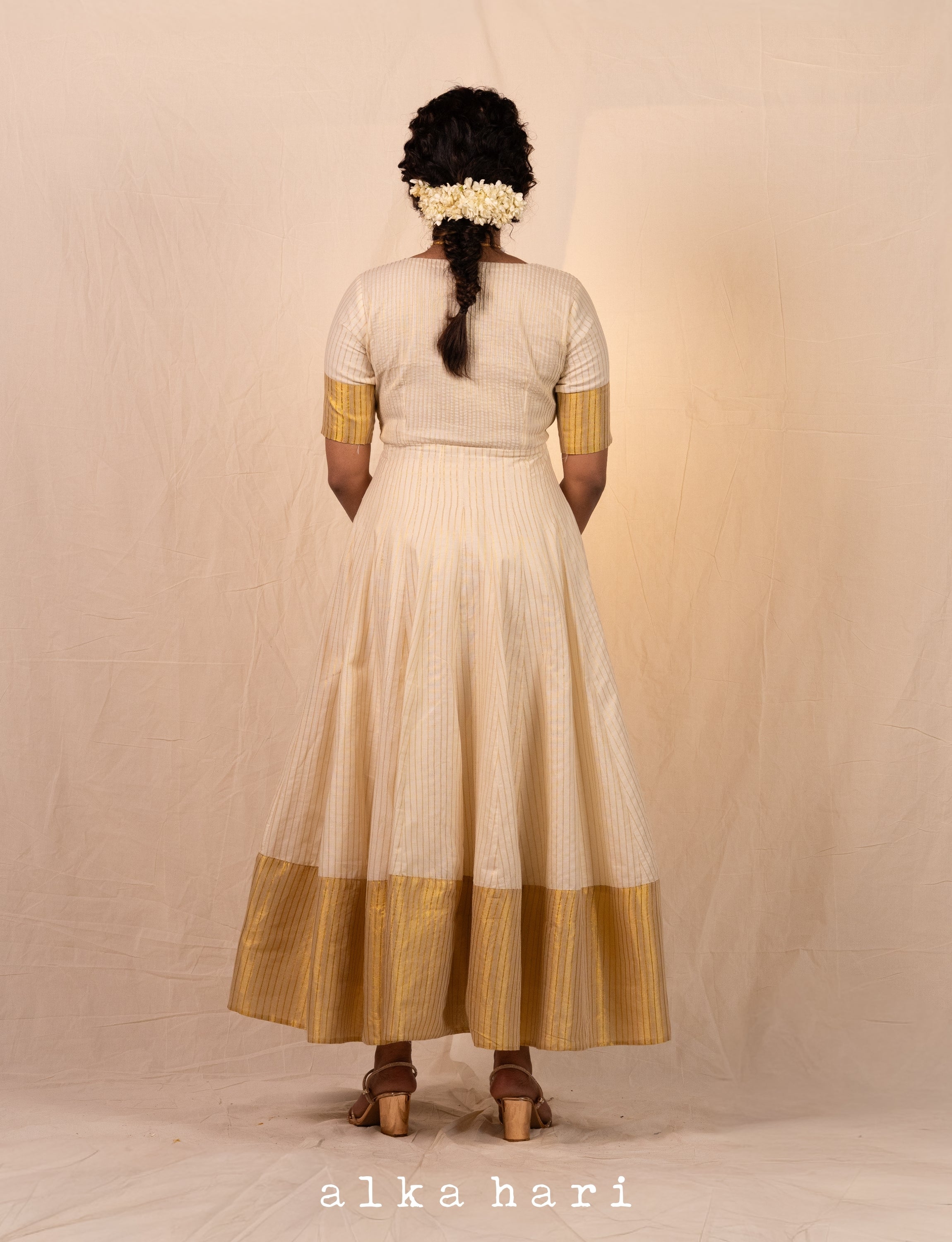 Off White Cotton Stripped Anarkali