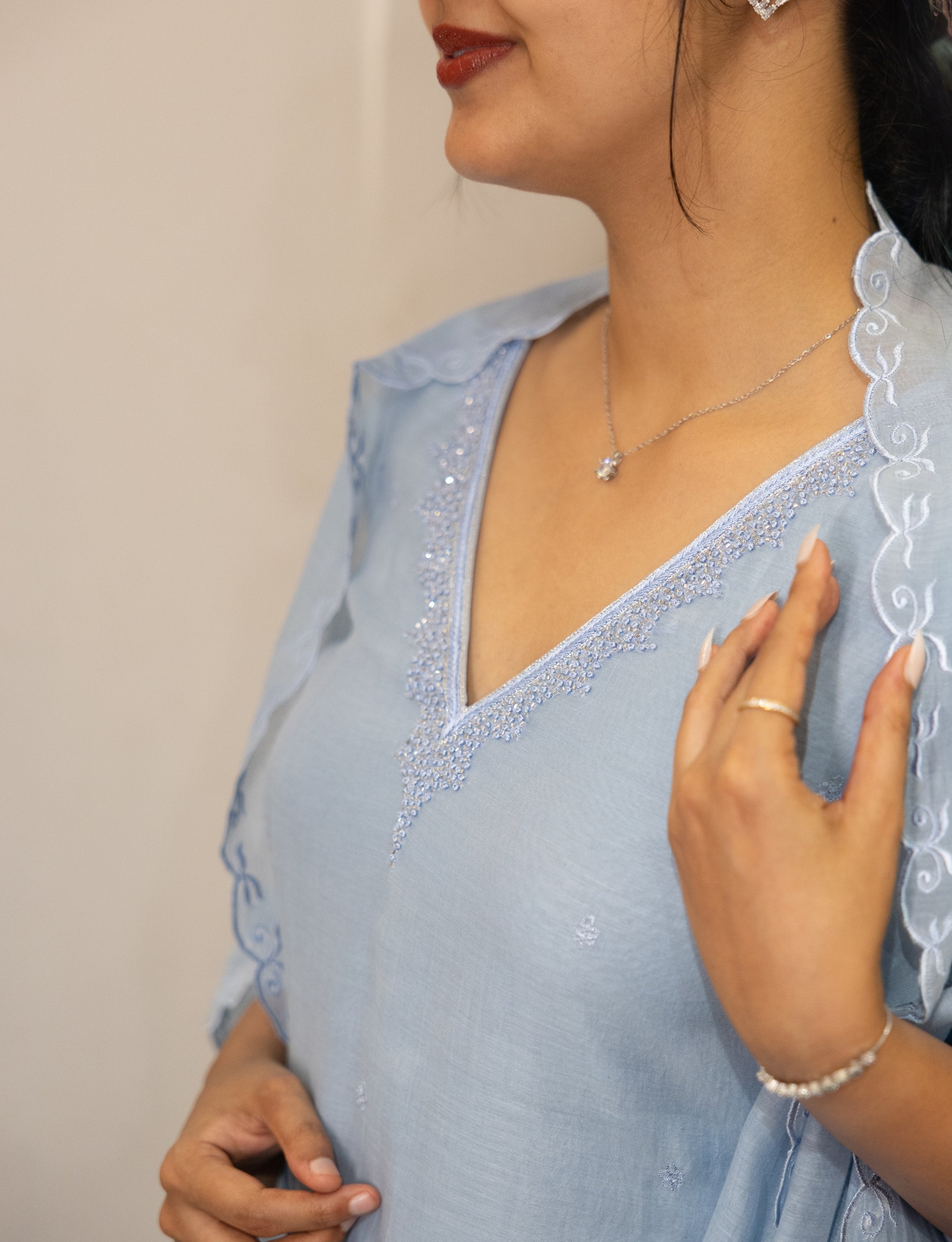 Powder Blue Chanderi Silk Embroidered Kurta