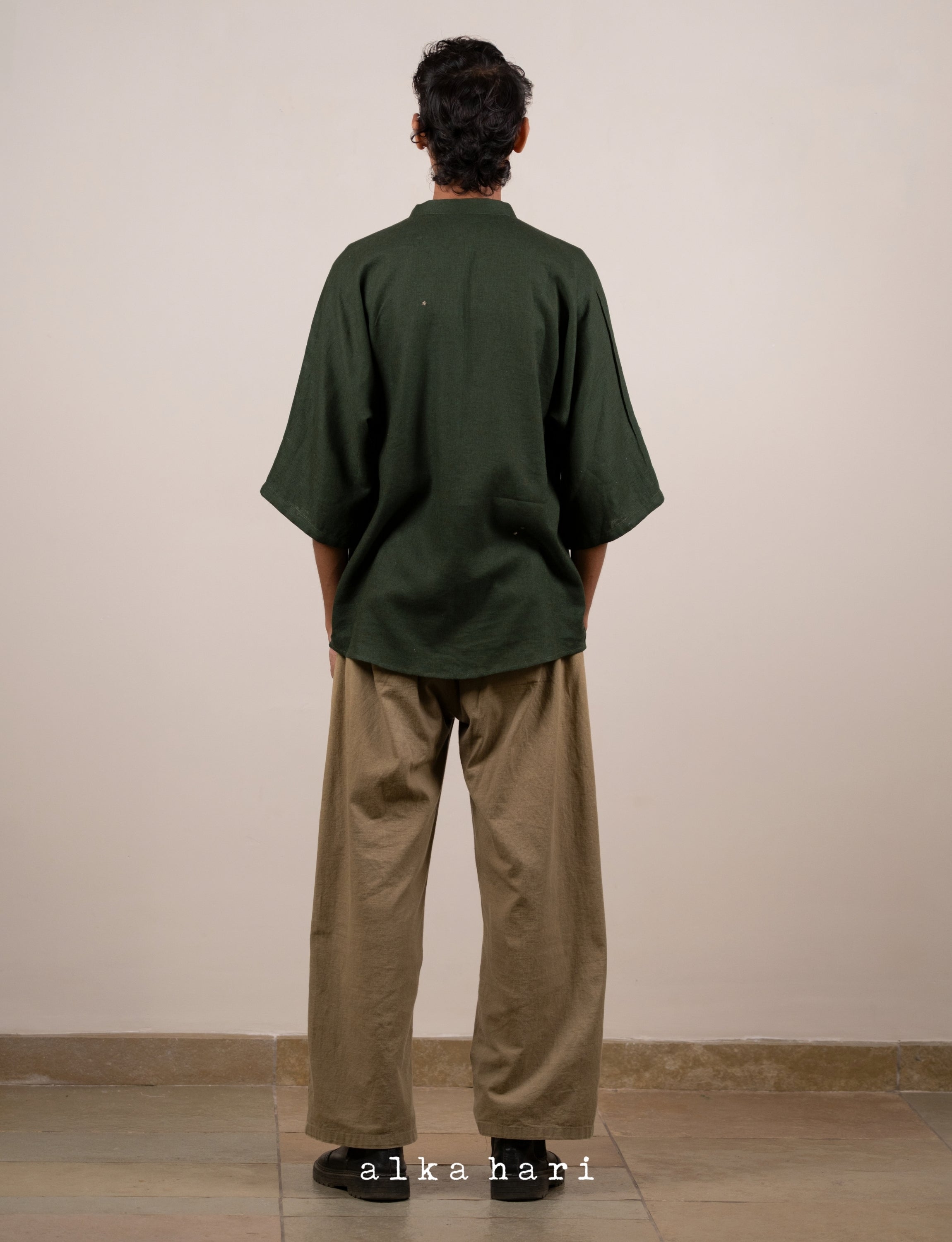Dark Green Linen Shirt with Mukaish Work
