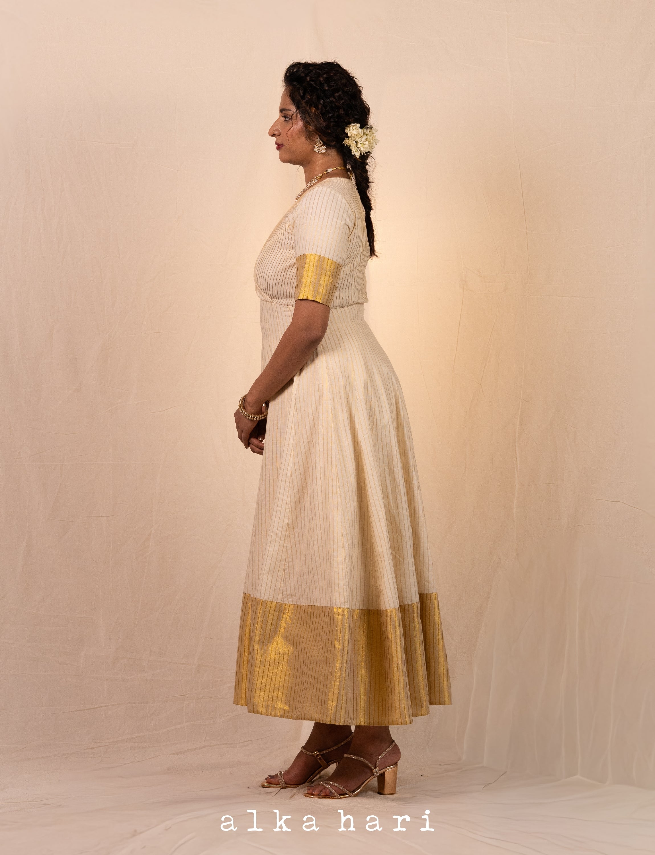 Off White Cotton Stripped Anarkali