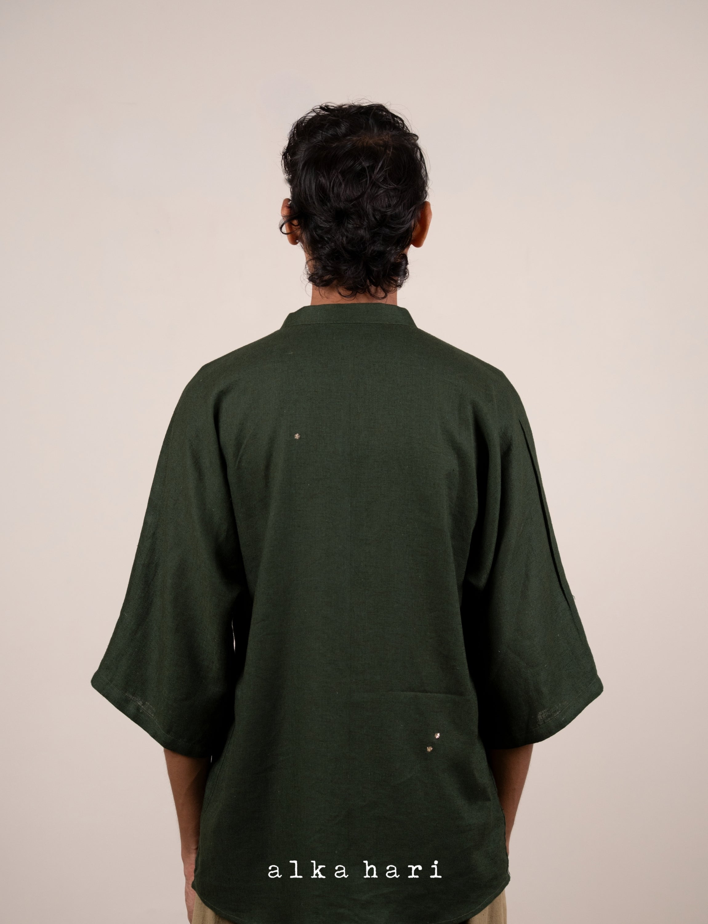 Dark Green Linen Shirt with Mukaish Work