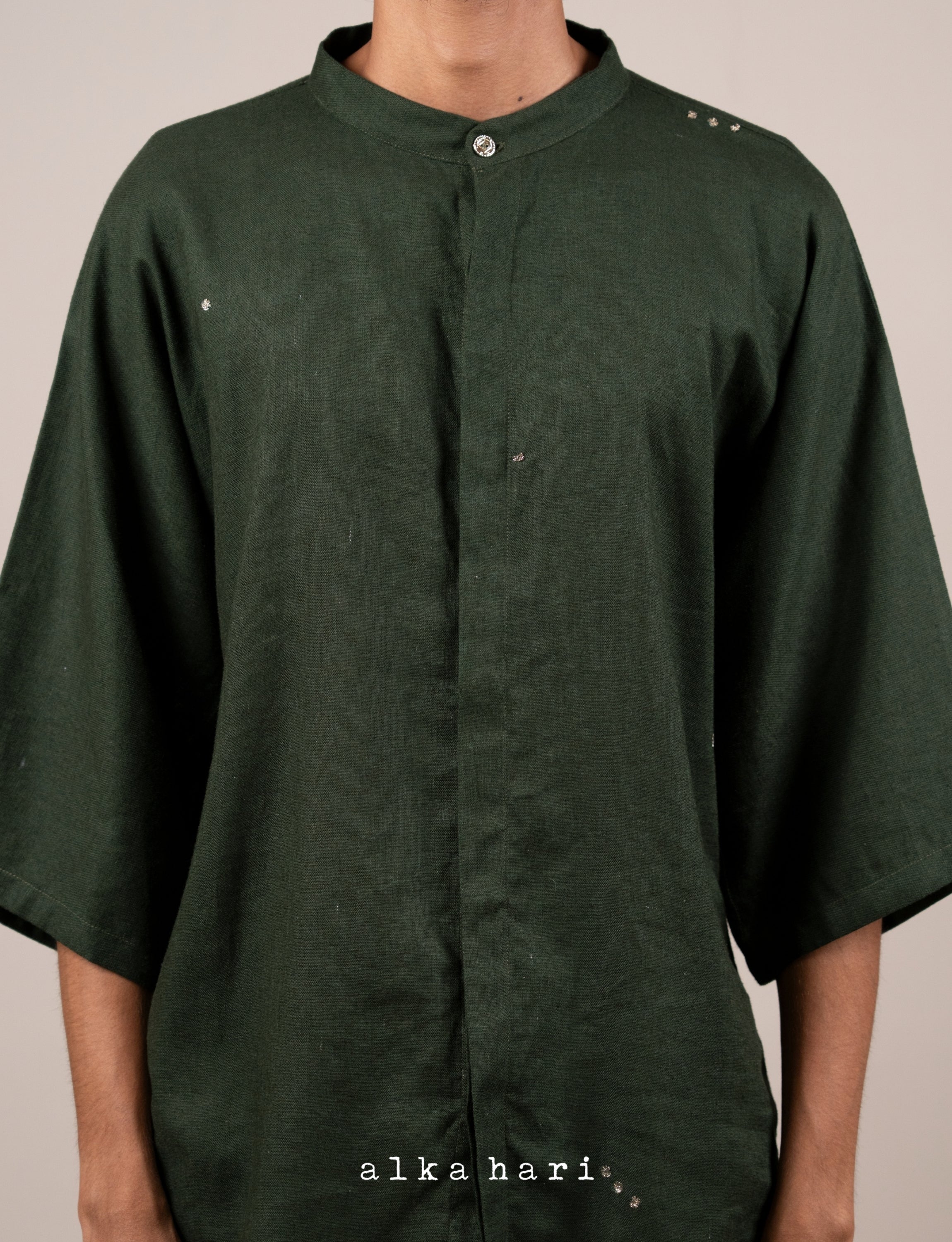 Dark Green Linen Shirt with Mukaish Work