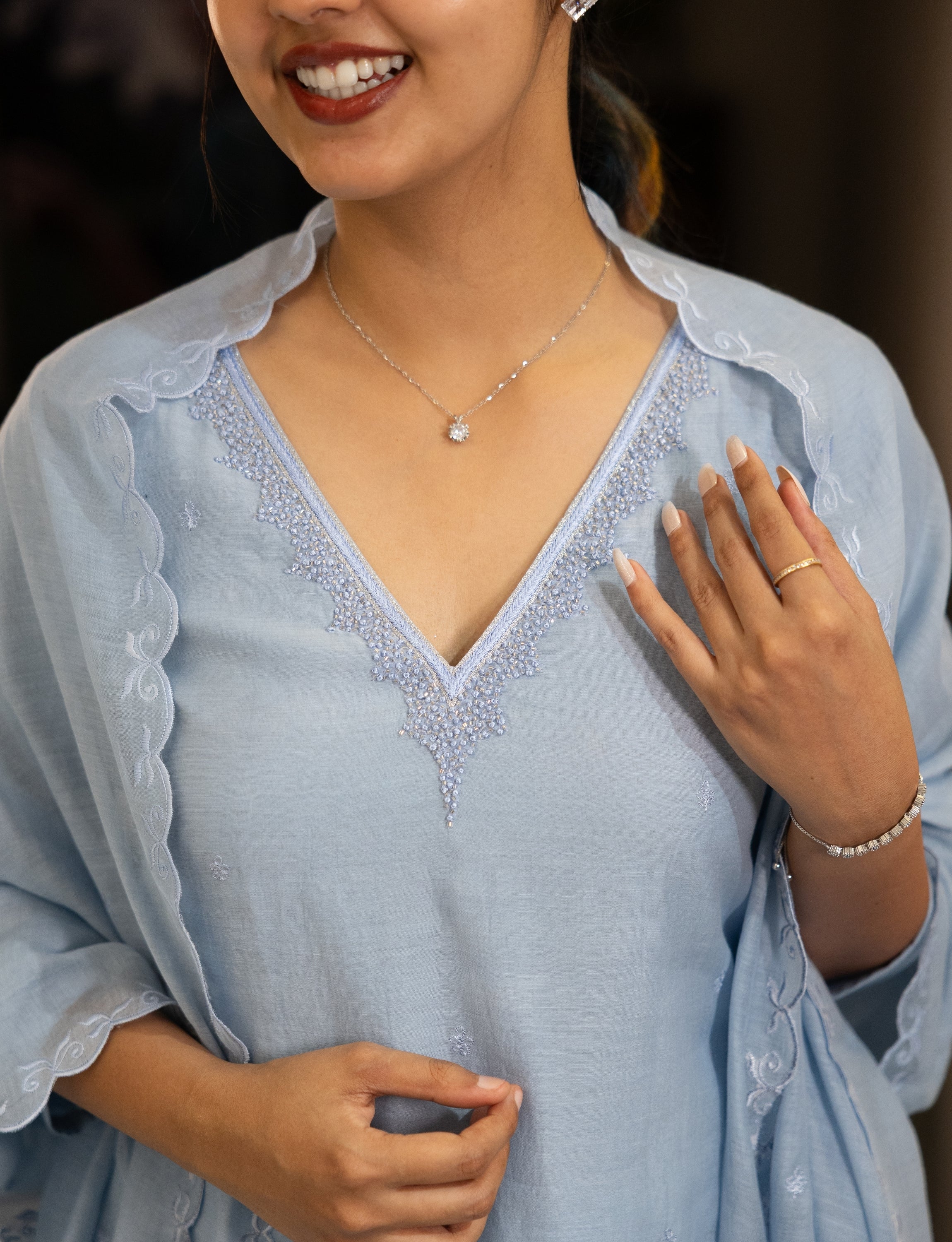 Powder Blue Chanderi Silk Embroidered Kurta