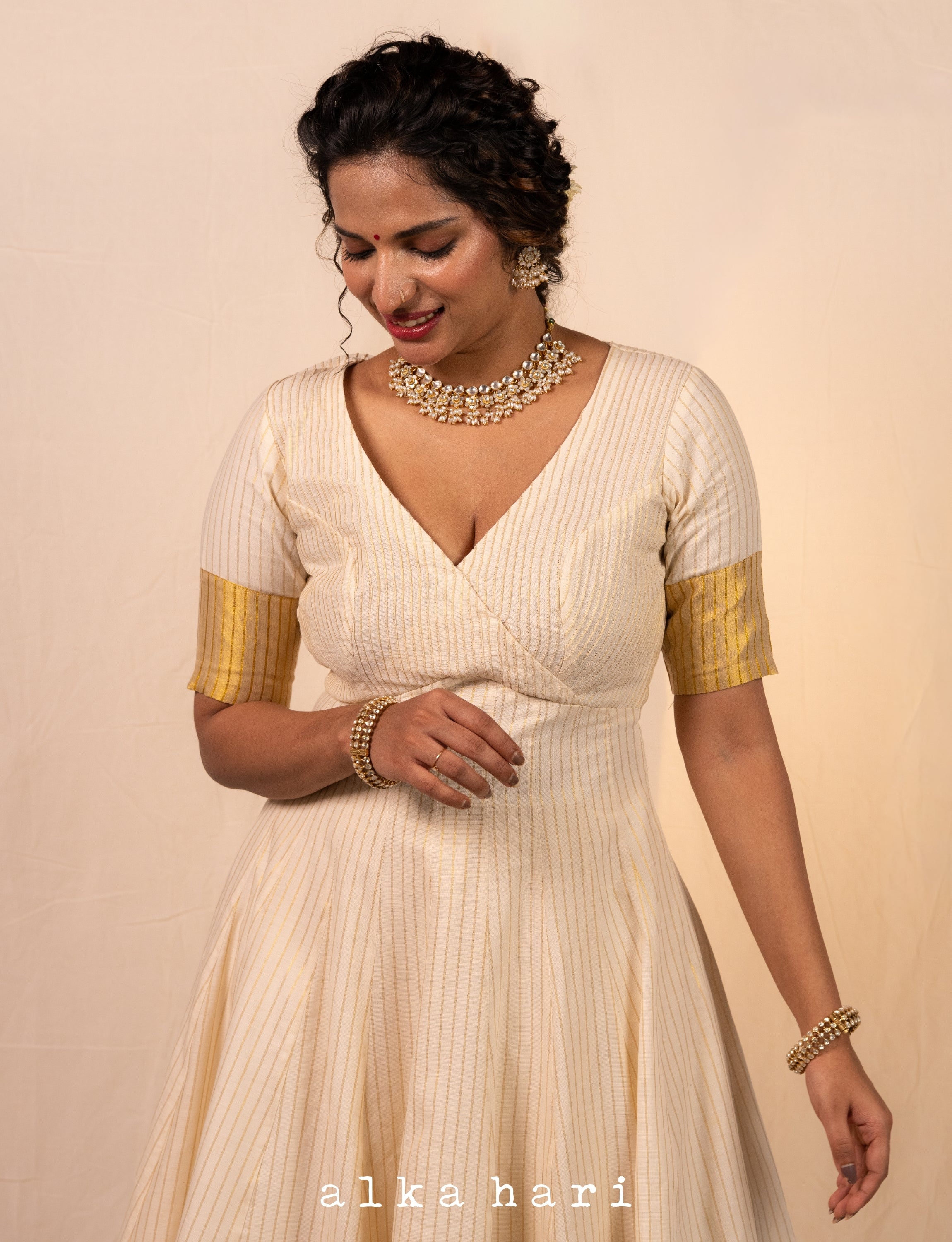 Off White Cotton Stripped Anarkali