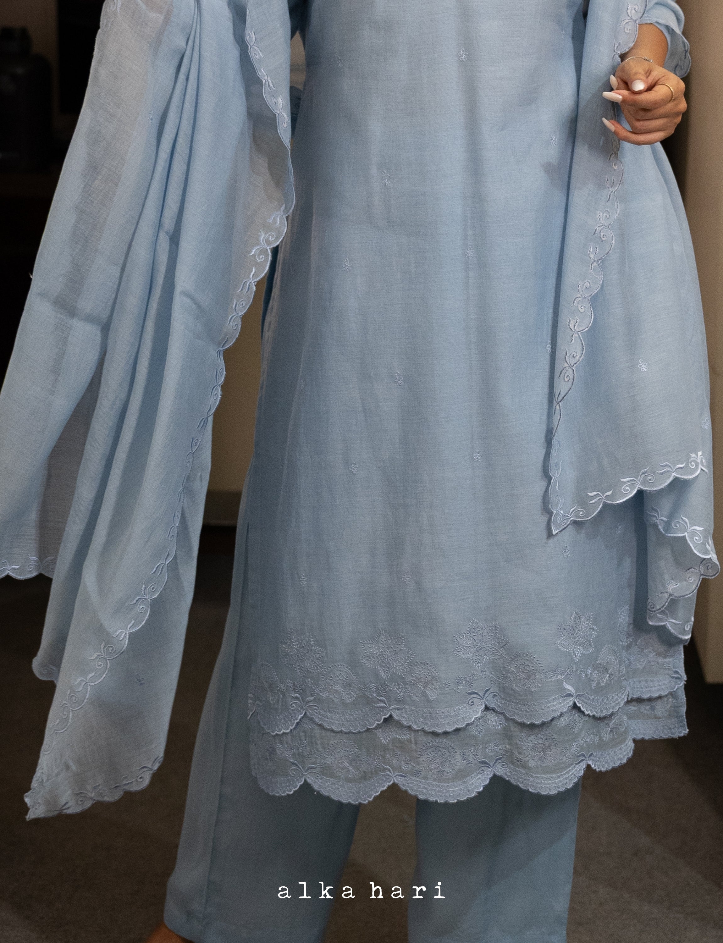 Powder Blue Scalloped Embroidered Dupatta