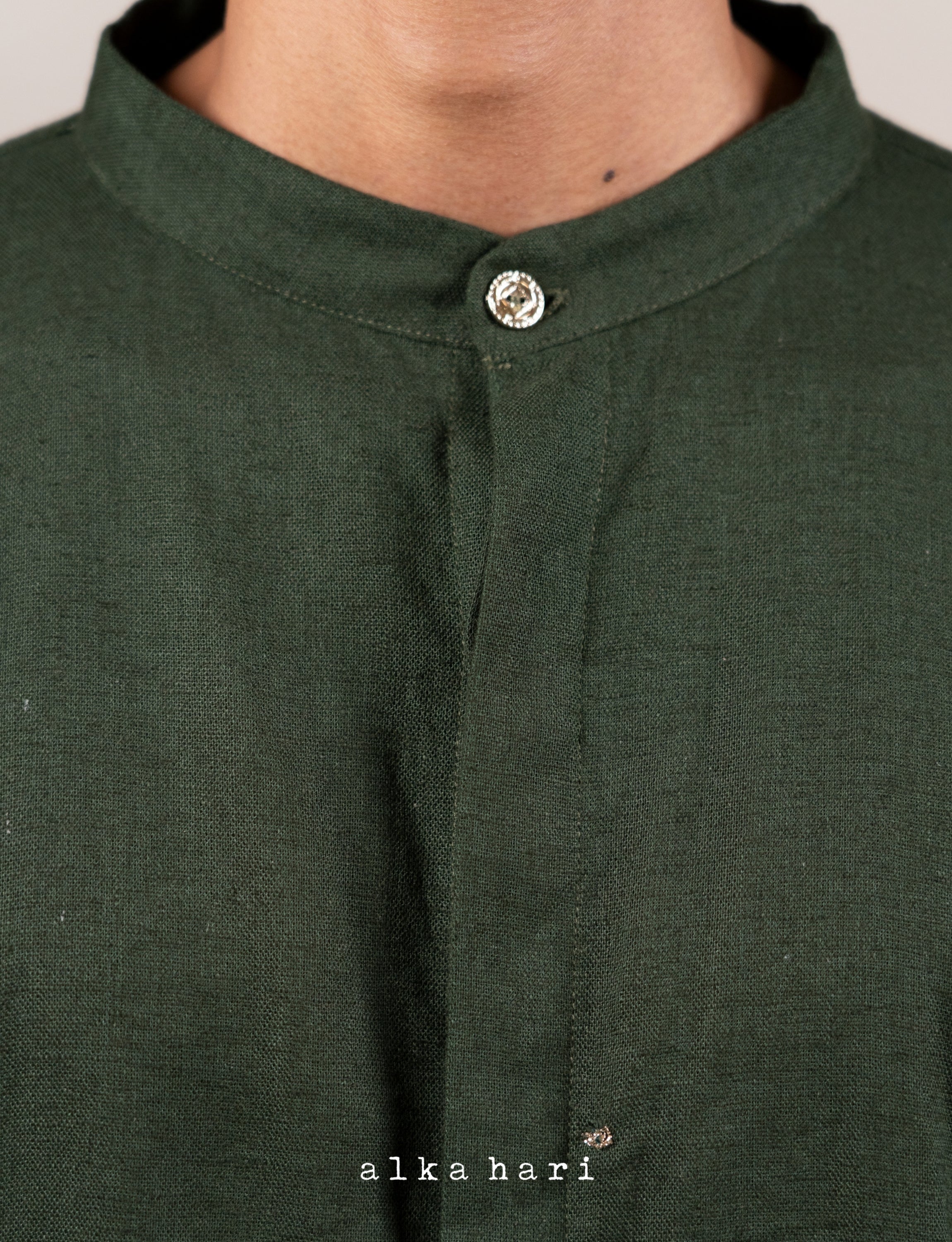 Dark Green Linen Shirt with Mukaish Work