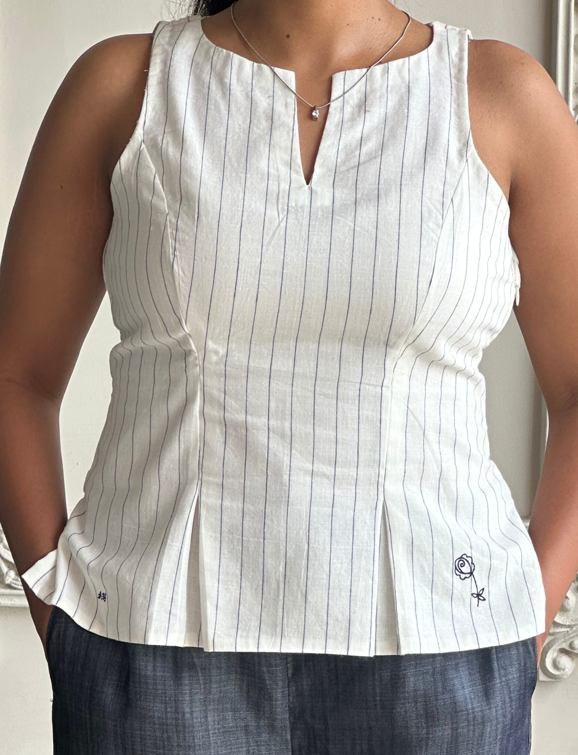 White Stripped Top with Floral Embroidery