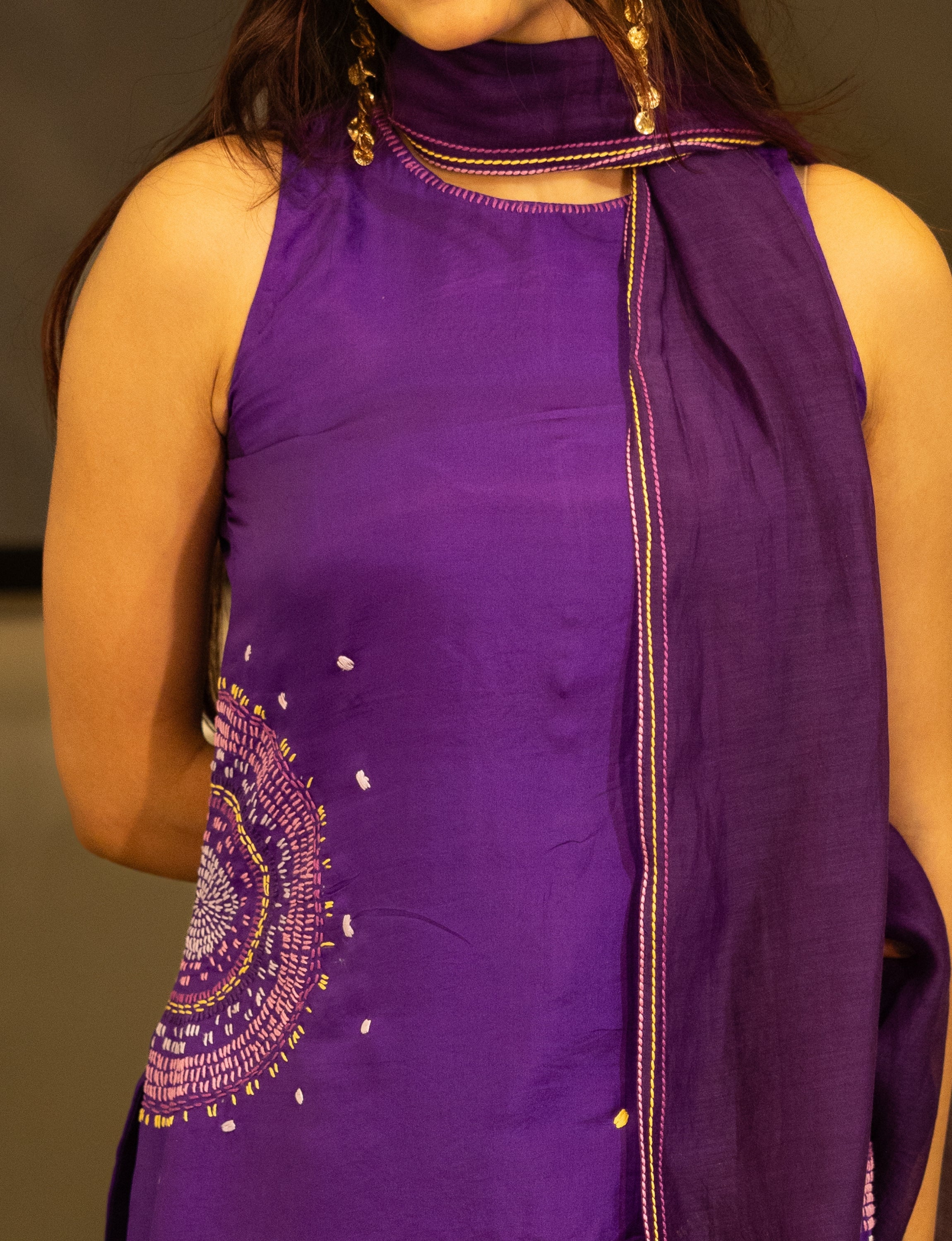 Violet Silk Embroidered Short Kurta