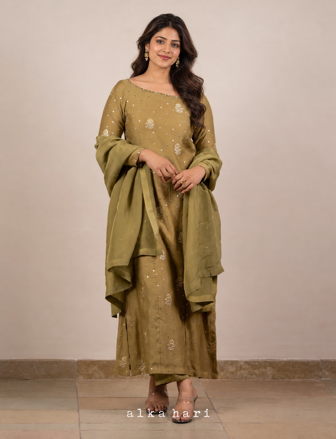 Olive Green Golden Embroidered Chanderi Kurta