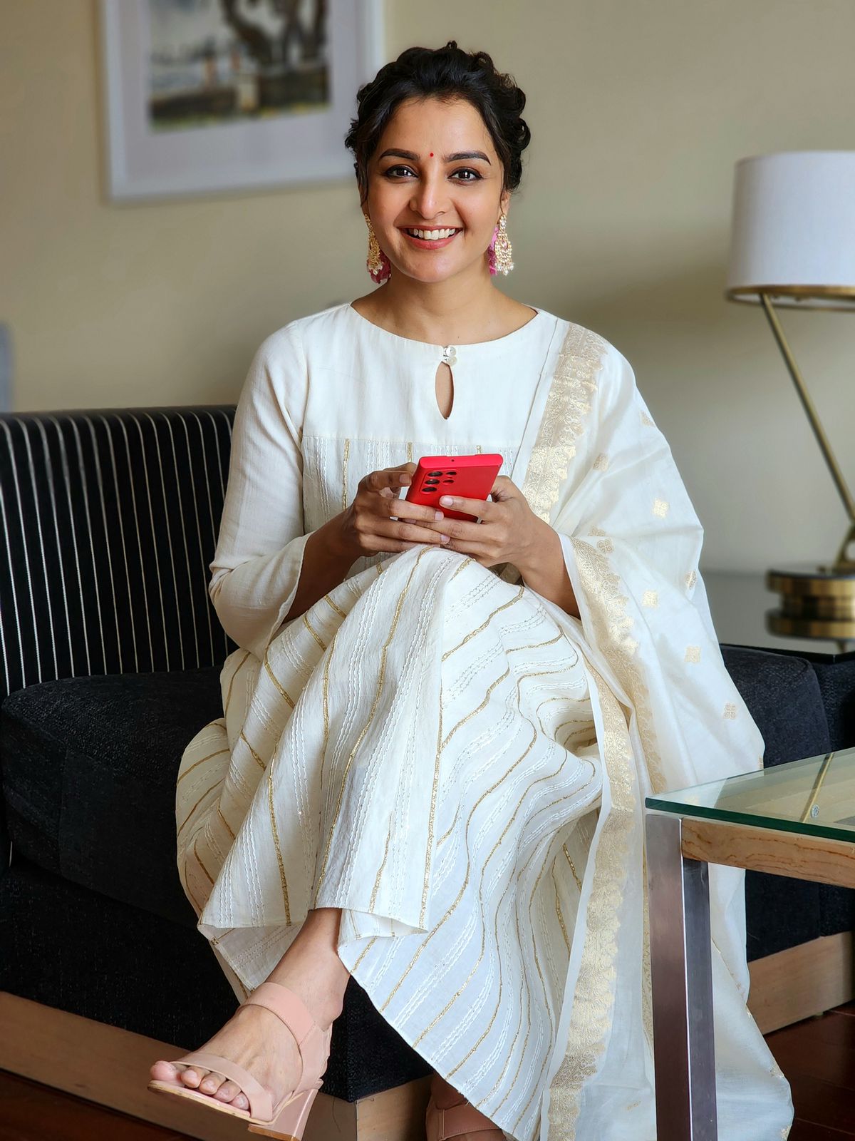 Off White Key Hole Embroidered Anarkali