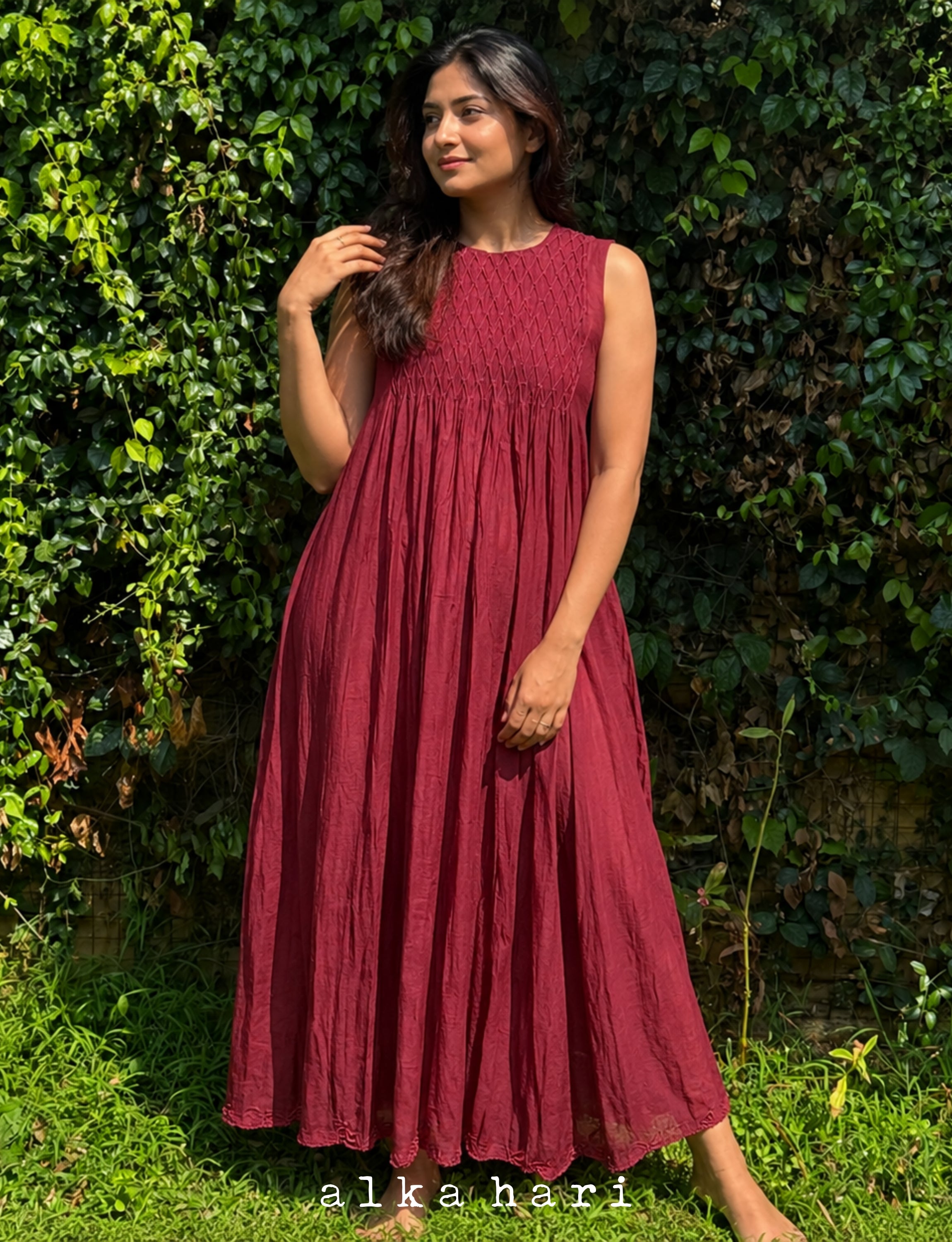 Raspberry Red Chanderi Silk Smocked Dress