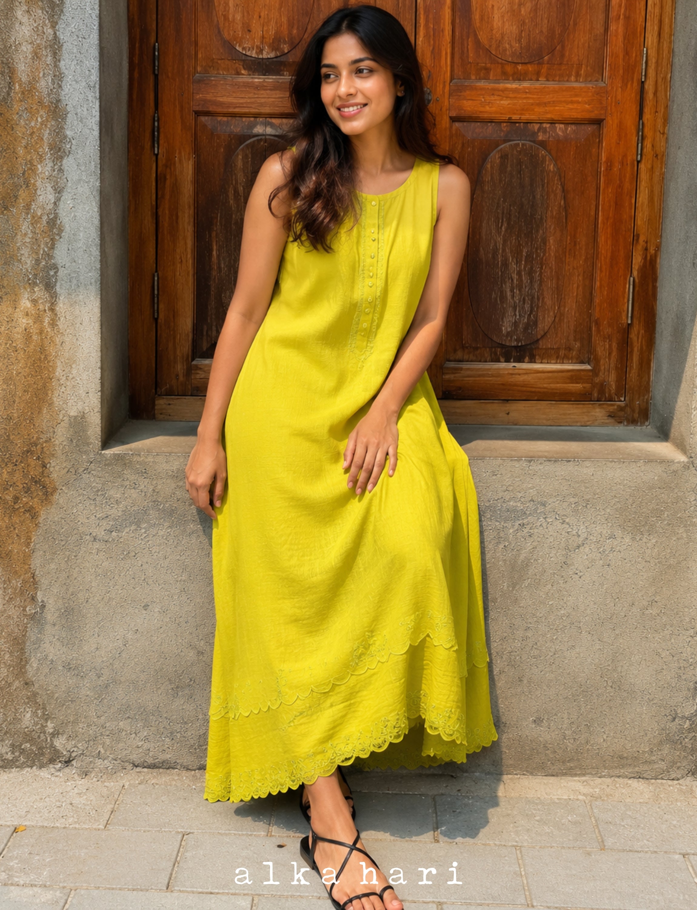 Lemon Green Chanderi Silk Dress