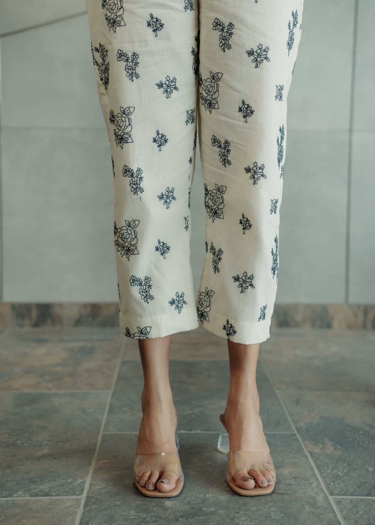 Off White Floral Printed Pants