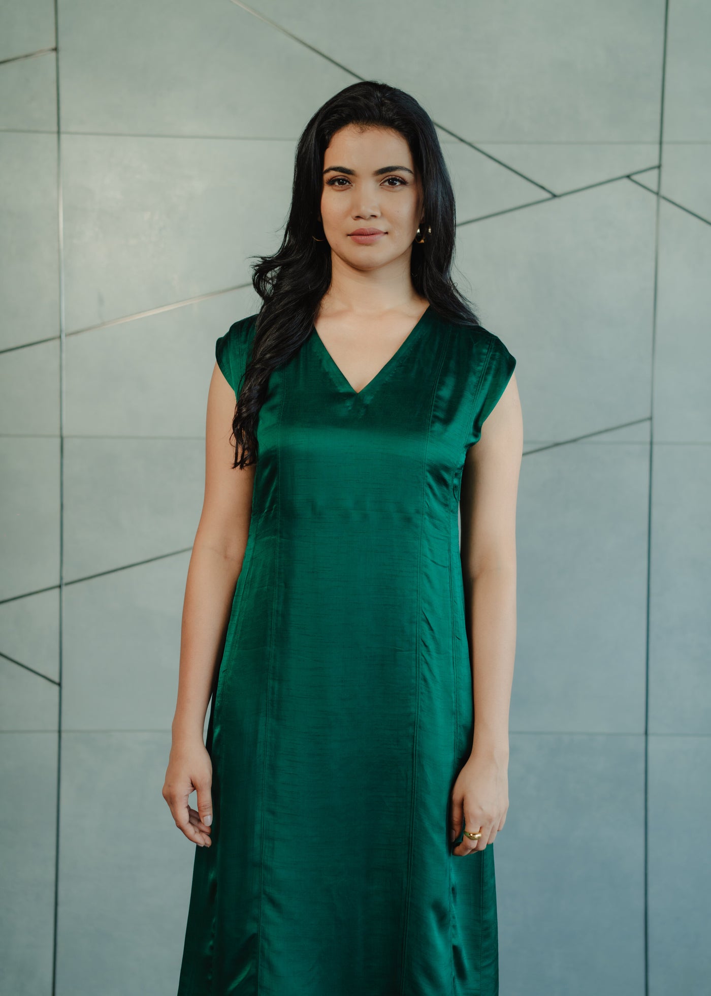 Dark Green Dupion Silk Dress - V-Neck Cap Sleeve Dress | Alka Hari Alka Hari Pvt Ltd Dark Green Dupion Silk Dress - V-Neck Cap Sleeve Dress | Alka Hari Alka Hari Pvt Ltd