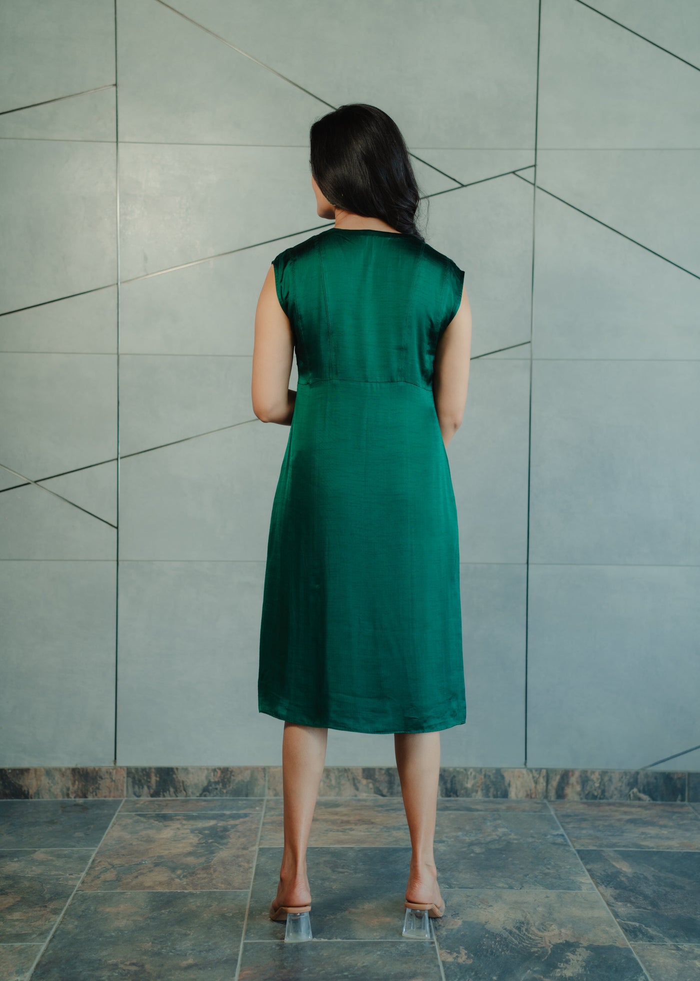 Dark Green Dupion Silk Dress - V-Neck Cap Sleeve Dress | Alka Hari Alka Hari Pvt Ltd Dark Green Dupion Silk Dress - V-Neck Cap Sleeve Dress | Alka Hari Alka Hari Pvt Ltd